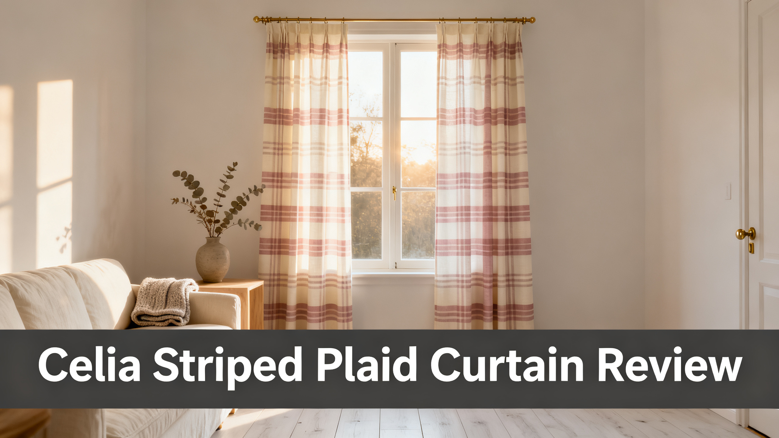 Scandinavian-modern cottagecore living room at golden hour with cream and dusty rose striped plaid floor-length curtains, oak floor, linen sofa, eucalyptus vase