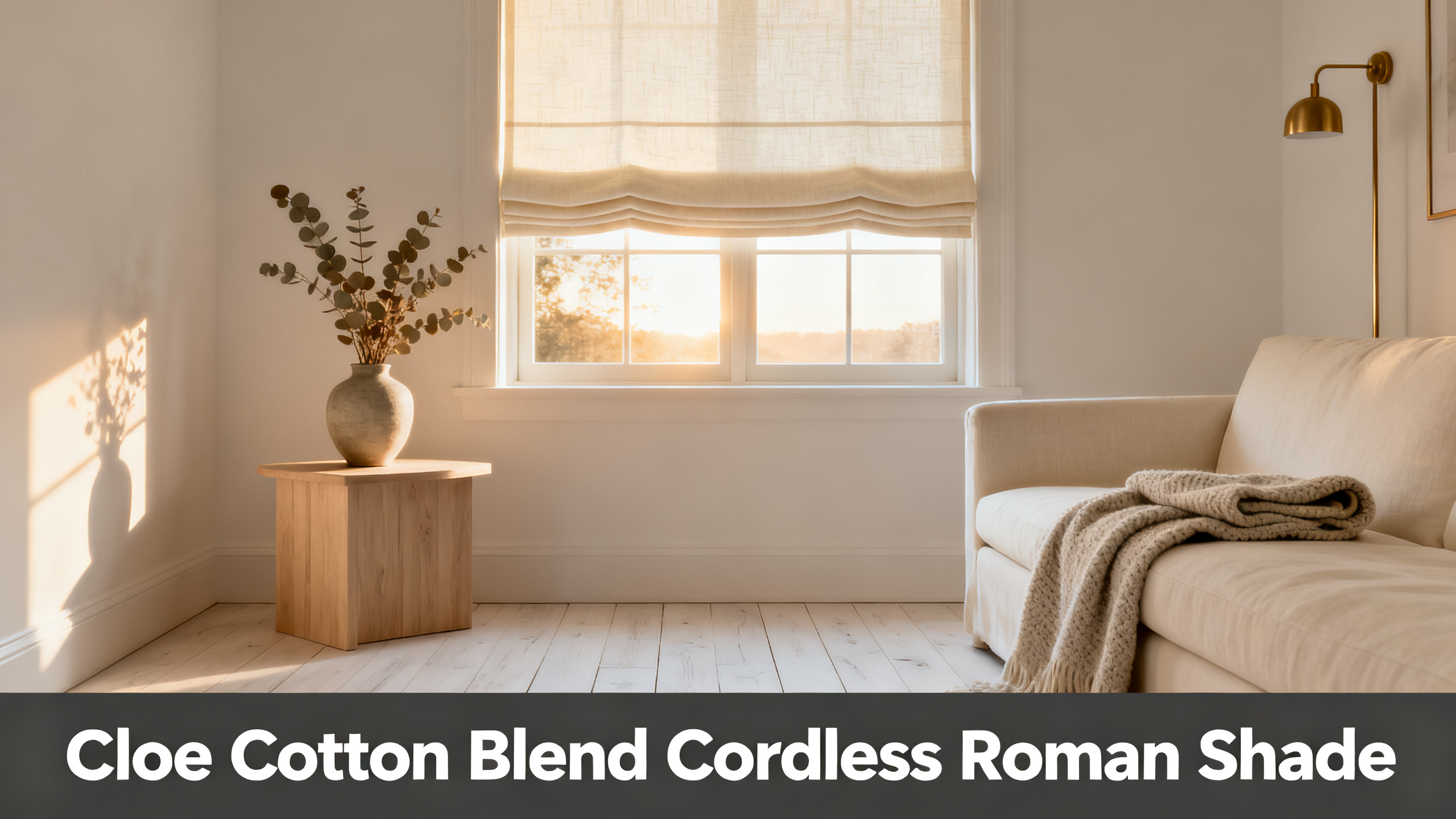 Scandinavian-modern interior at golden hour with window treatment, neutral palette, editorial home photography for Cloe Cotton Blend Cordless Roman Shade