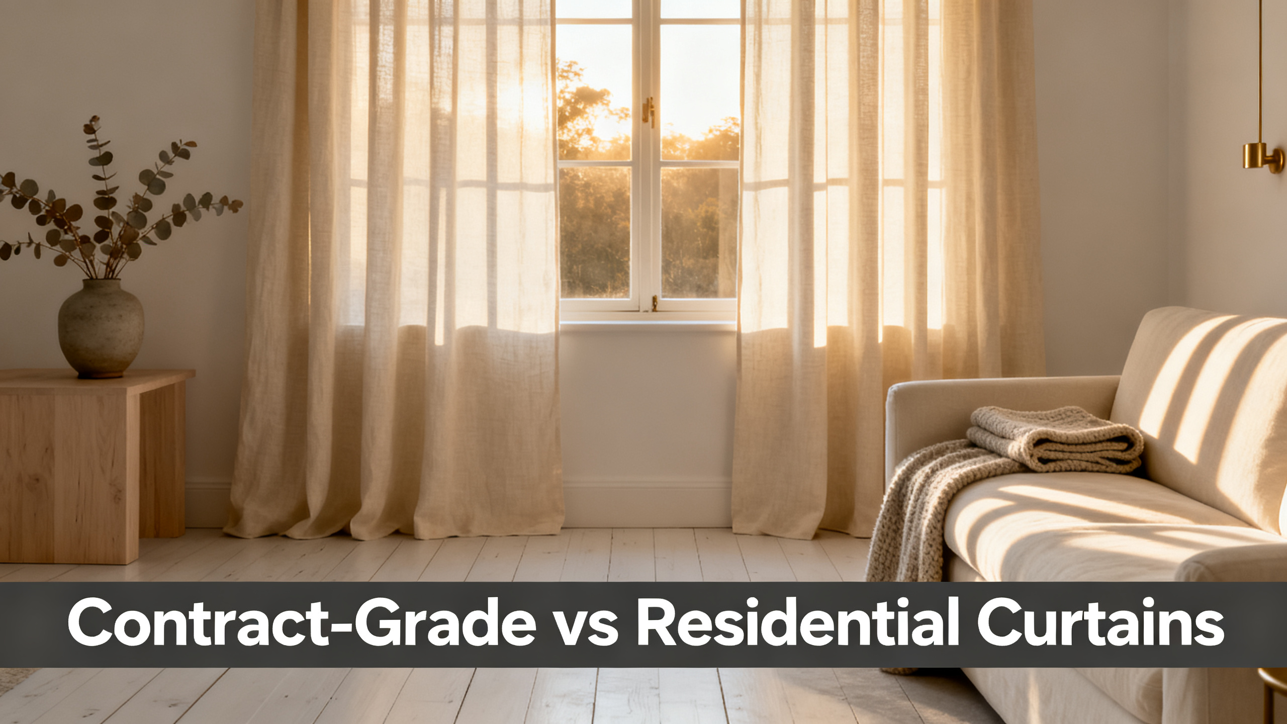 Scandinavian-modern interior at golden hour with window treatment, neutral palette, editorial home photography for Contract-Grade vs Residential Curtains