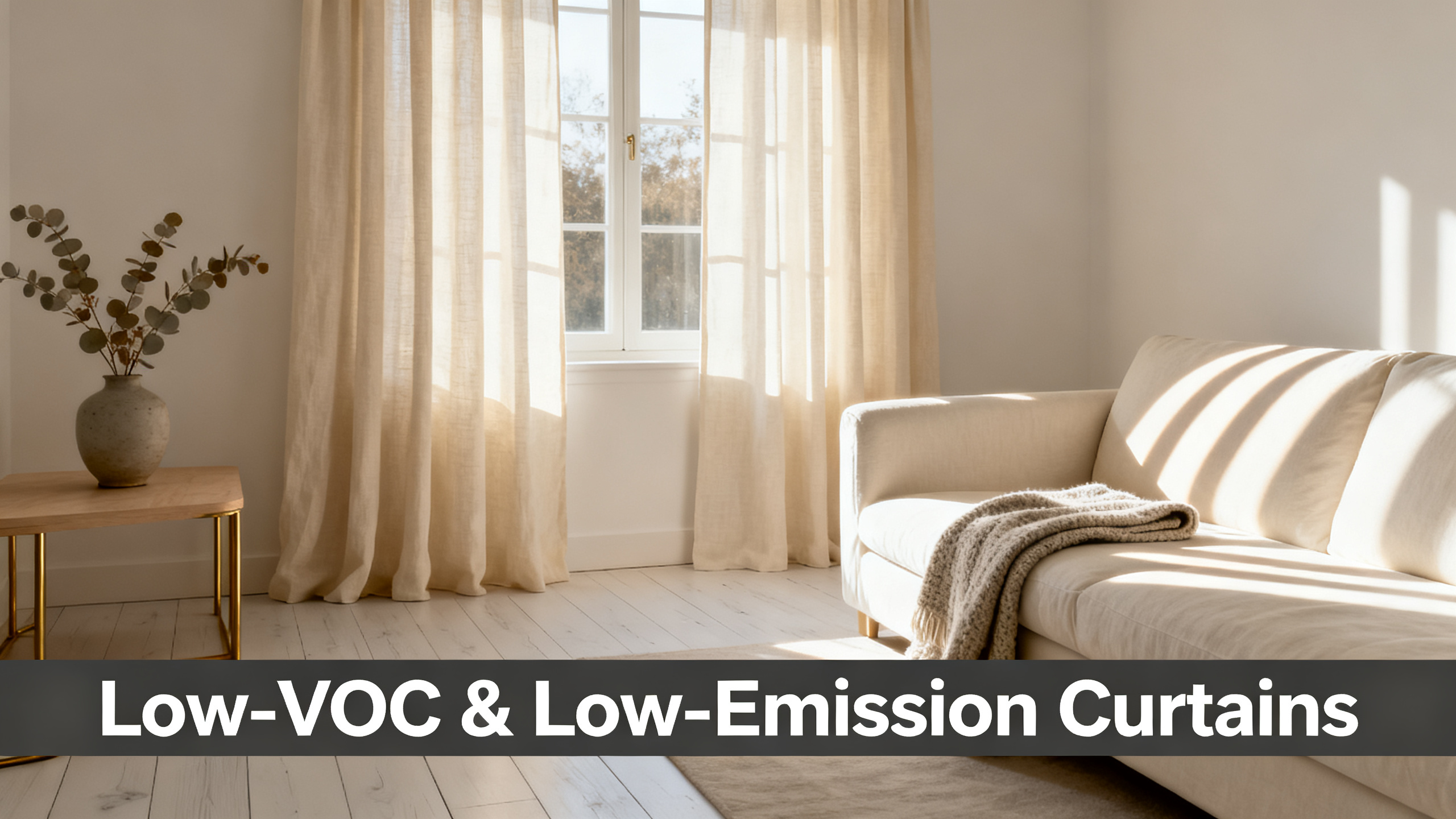 Scandinavian-modern interior at golden hour with window treatment, neutral palette, editorial home photography for Low-VOC & Low-Emission Curtains