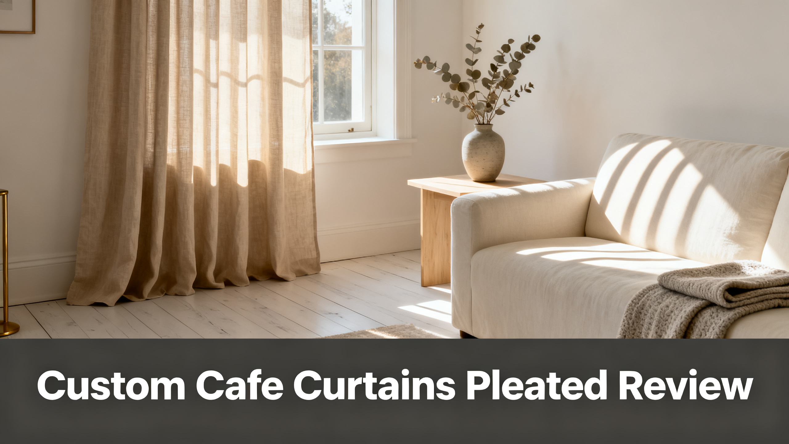 Scandinavian-modern interior at golden hour with window treatment, neutral palette, editorial home photography for Custom Cafe Curtains Pleated Review