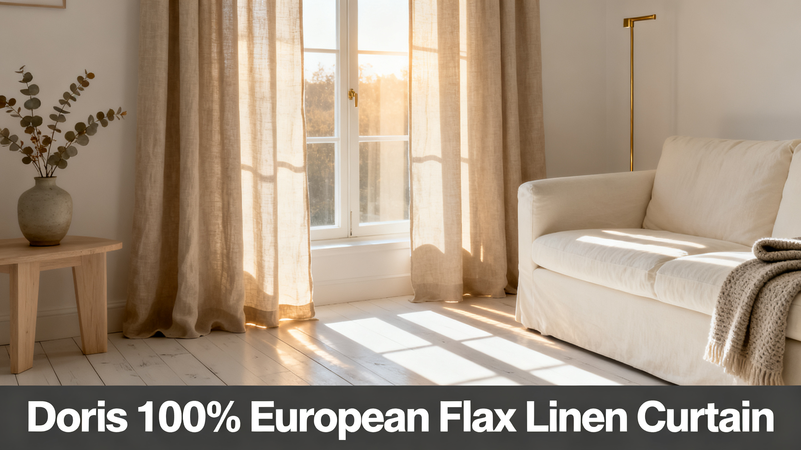 Scandinavian-modern interior at golden hour with window treatment, neutral palette, editorial home photography for Doris 100% European Flax Linen Curtain
