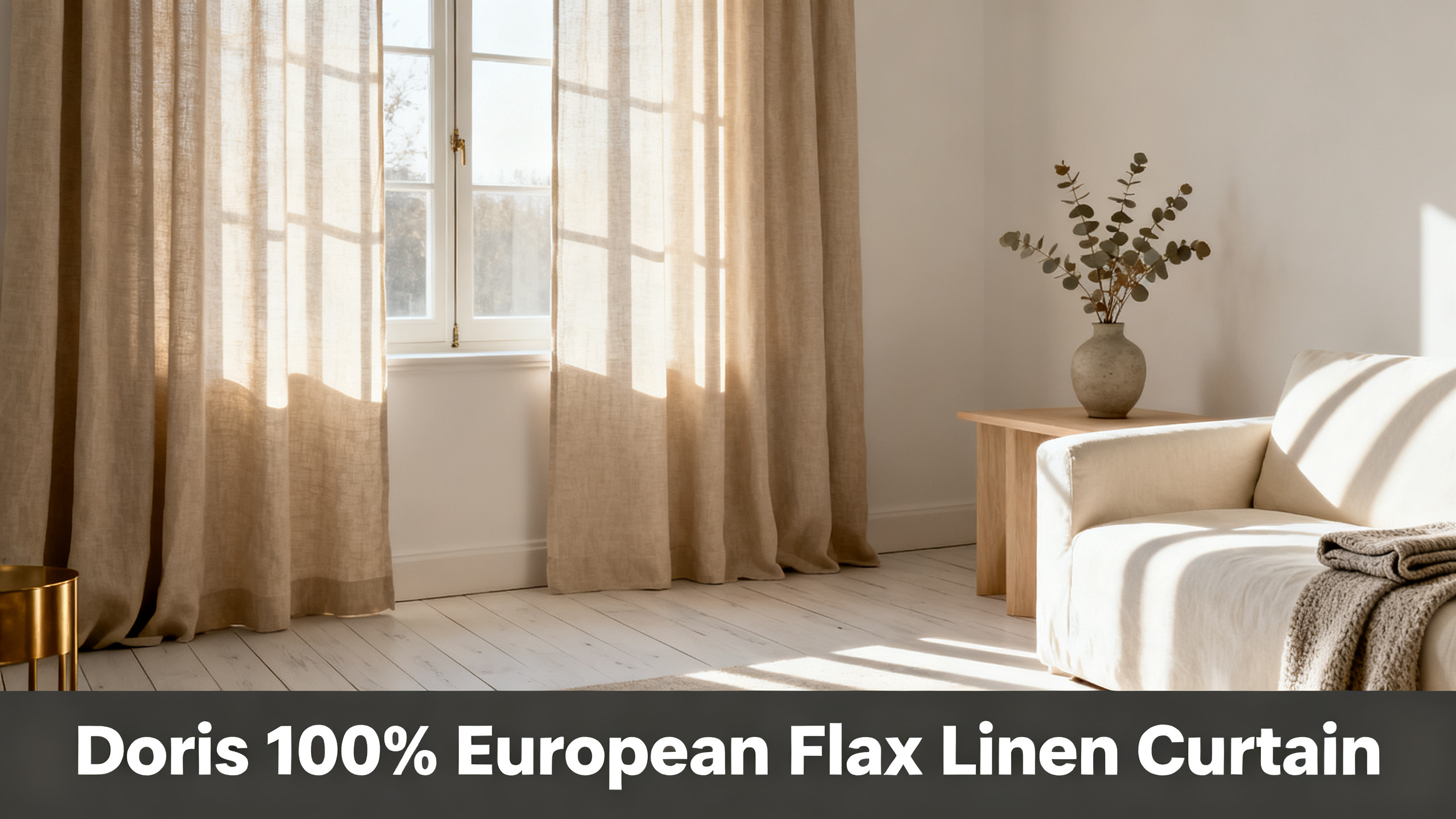 Scandinavian-modern interior at golden hour with window treatment, neutral palette, editorial home photography for Doris 100% European Flax Linen Curtain