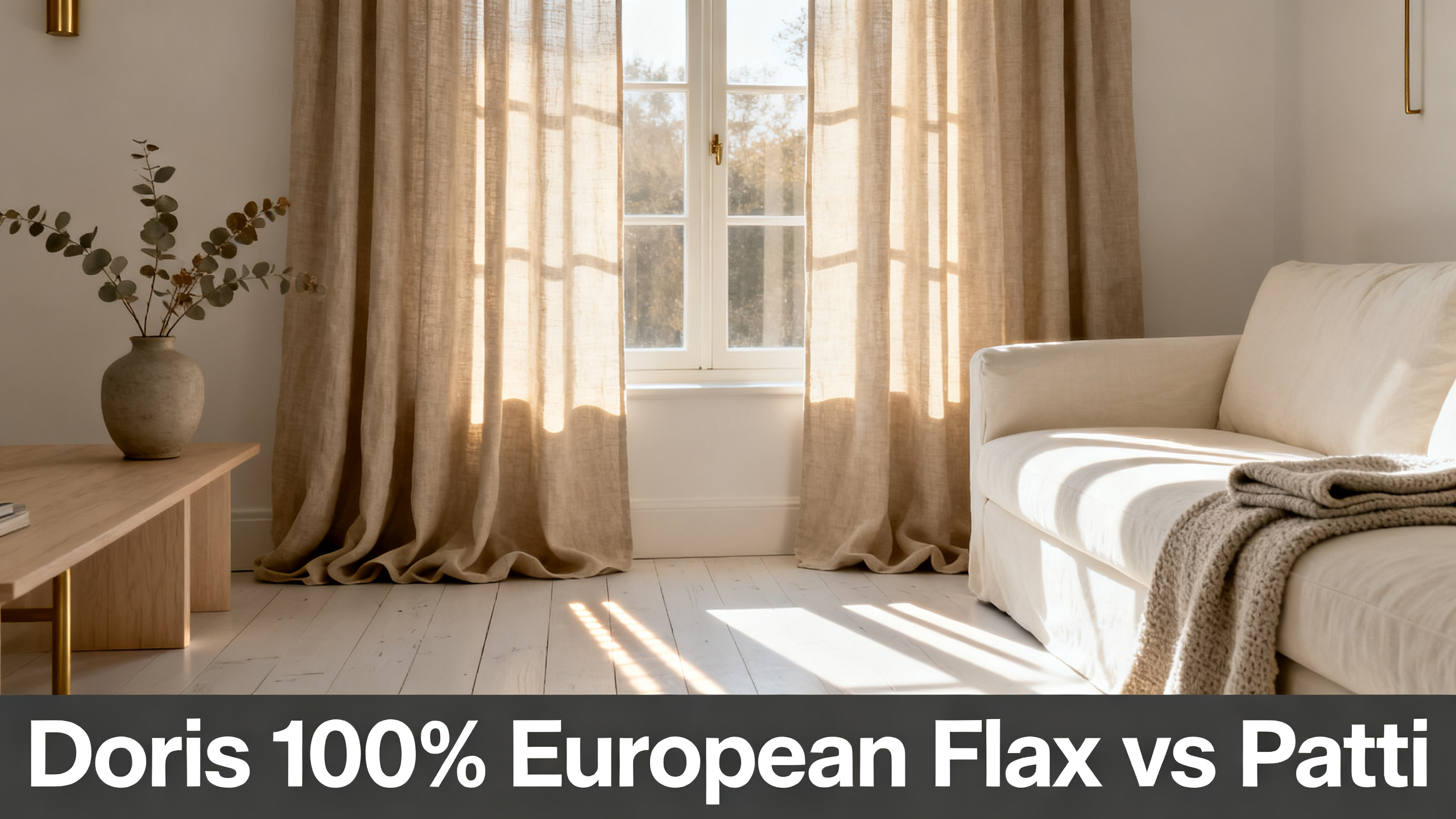 Scandinavian-modern interior at golden hour with window treatment, neutral palette, editorial home photography for Doris 100% European Flax vs Patti
