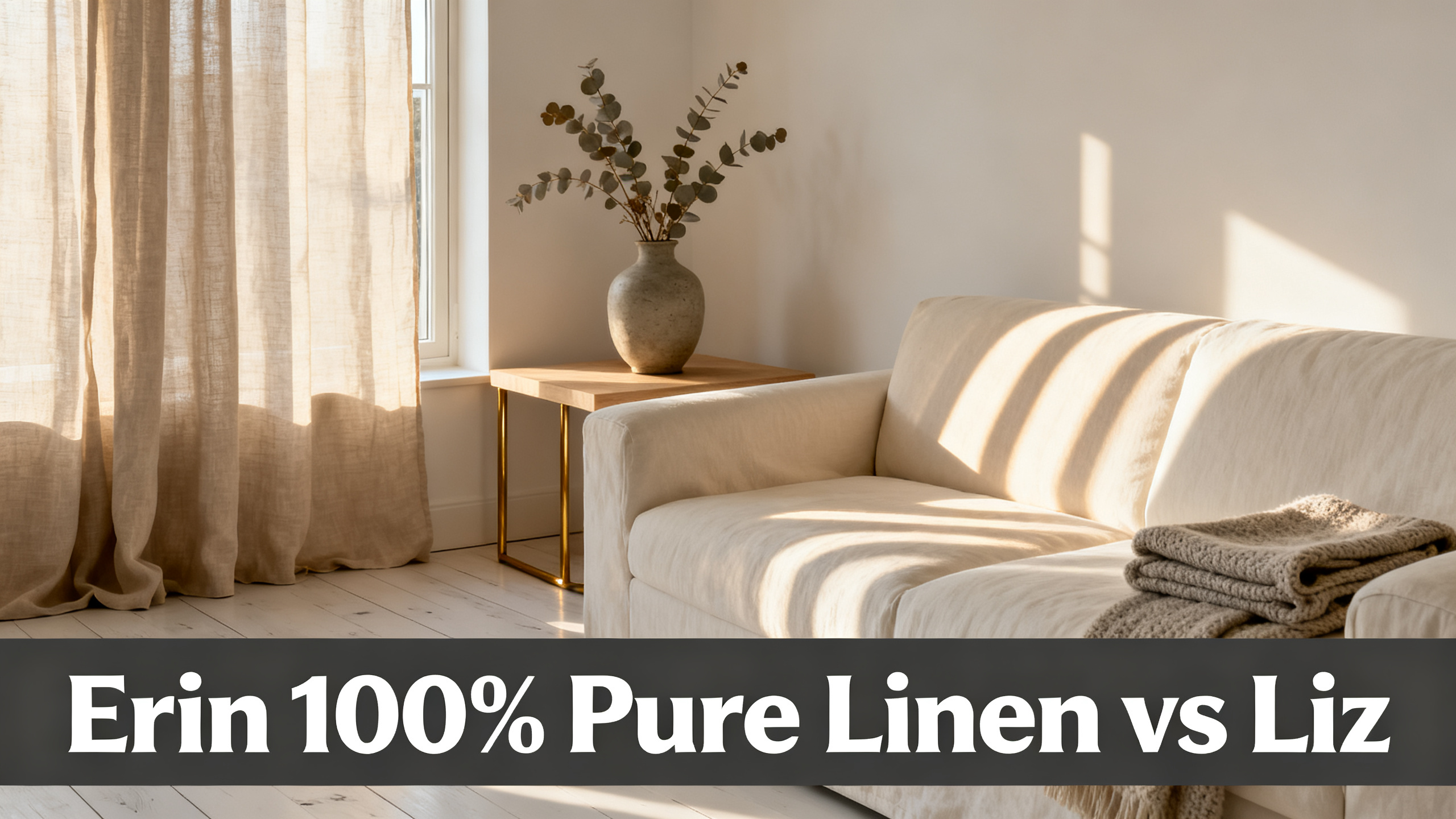 Scandinavian-modern interior at golden hour with window treatment, neutral palette, editorial home photography for Erin 100% Pure Linen vs Liz