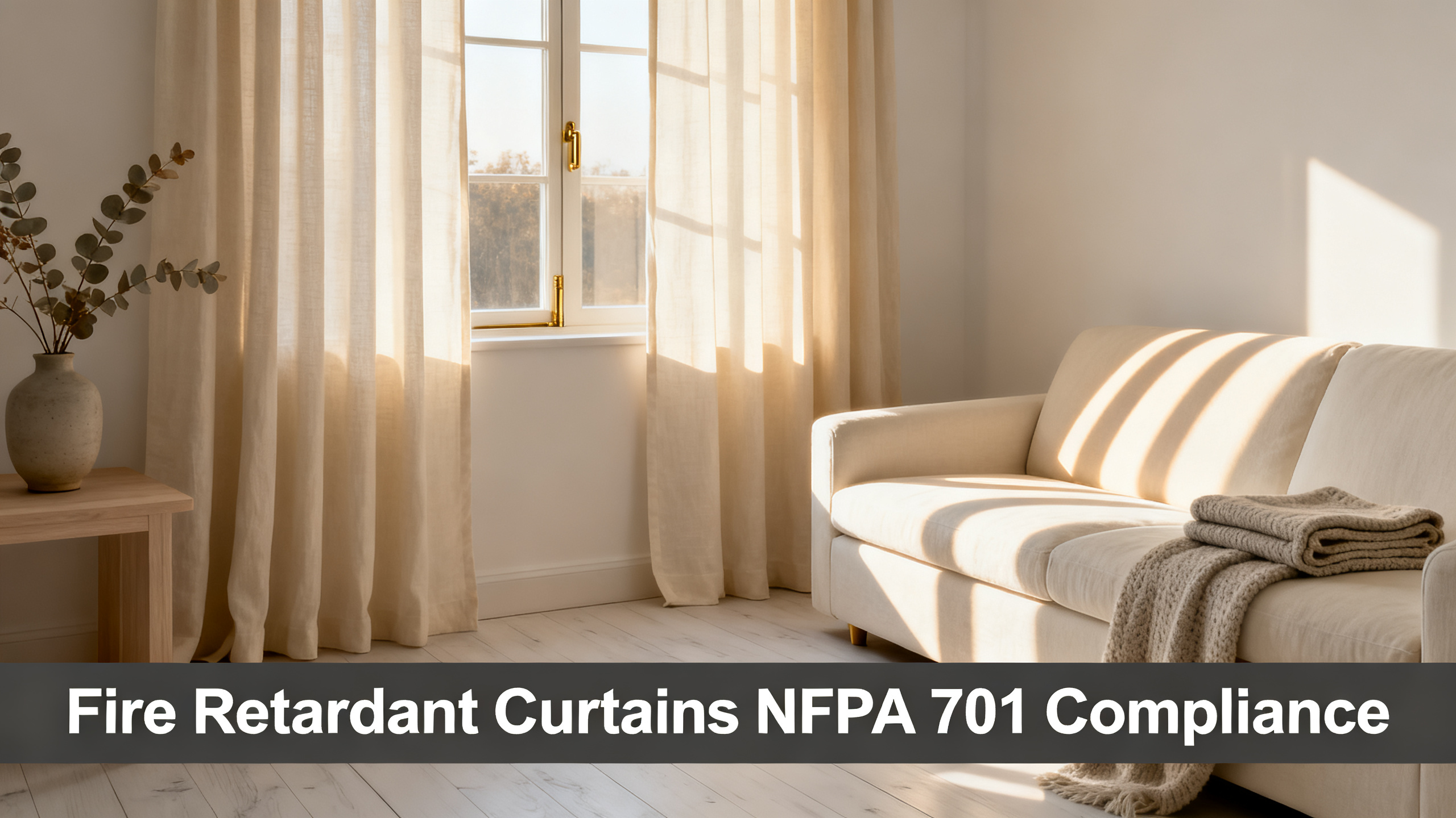 Scandinavian-modern interior at golden hour with window treatment, neutral palette, editorial home photography for Fire Retardant Curtains NFPA 701 Compliance