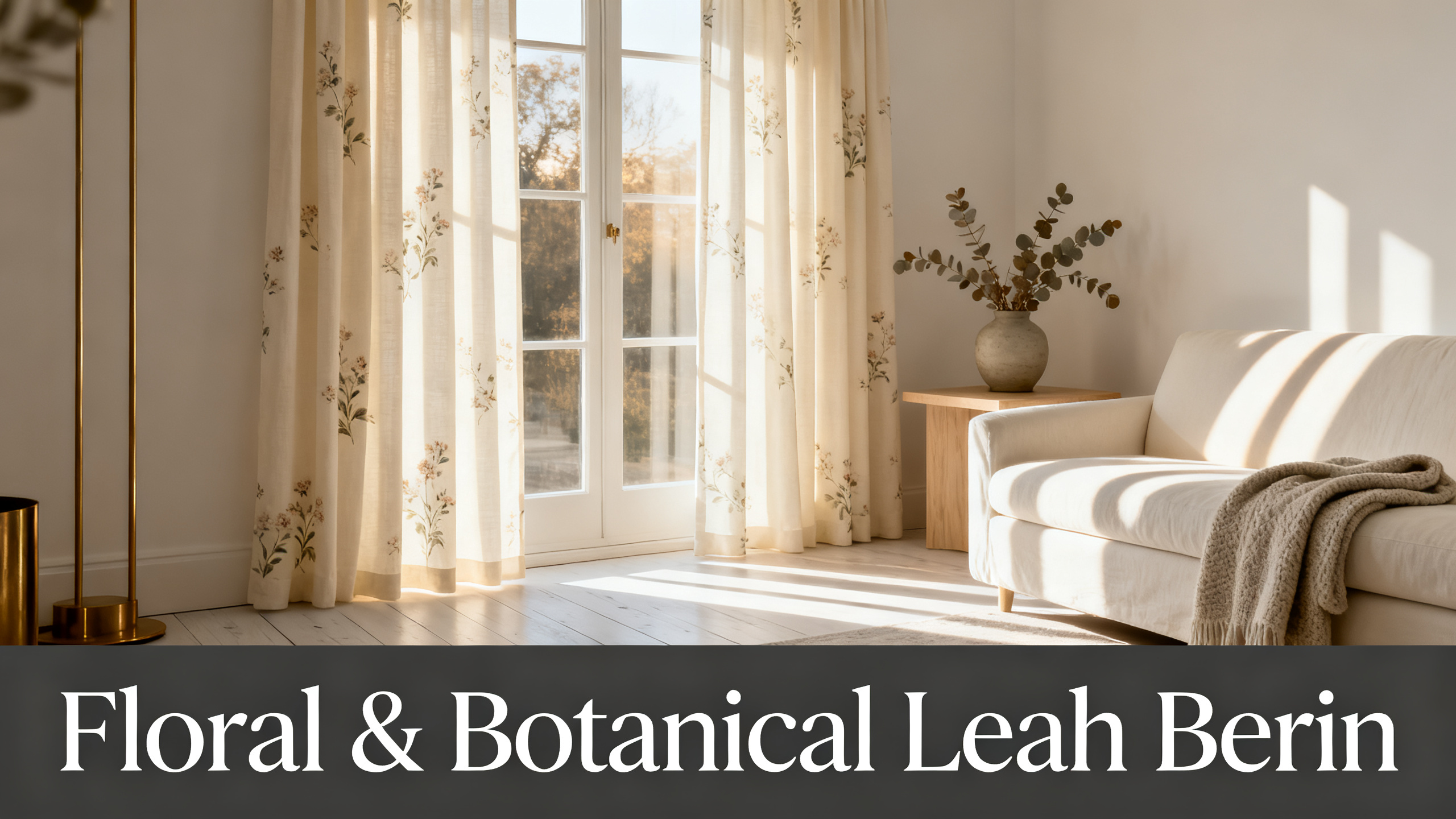 Scandinavian-modern interior at golden hour with window treatment, neutral palette, editorial home photography for Floral & Botanical Leah Berin