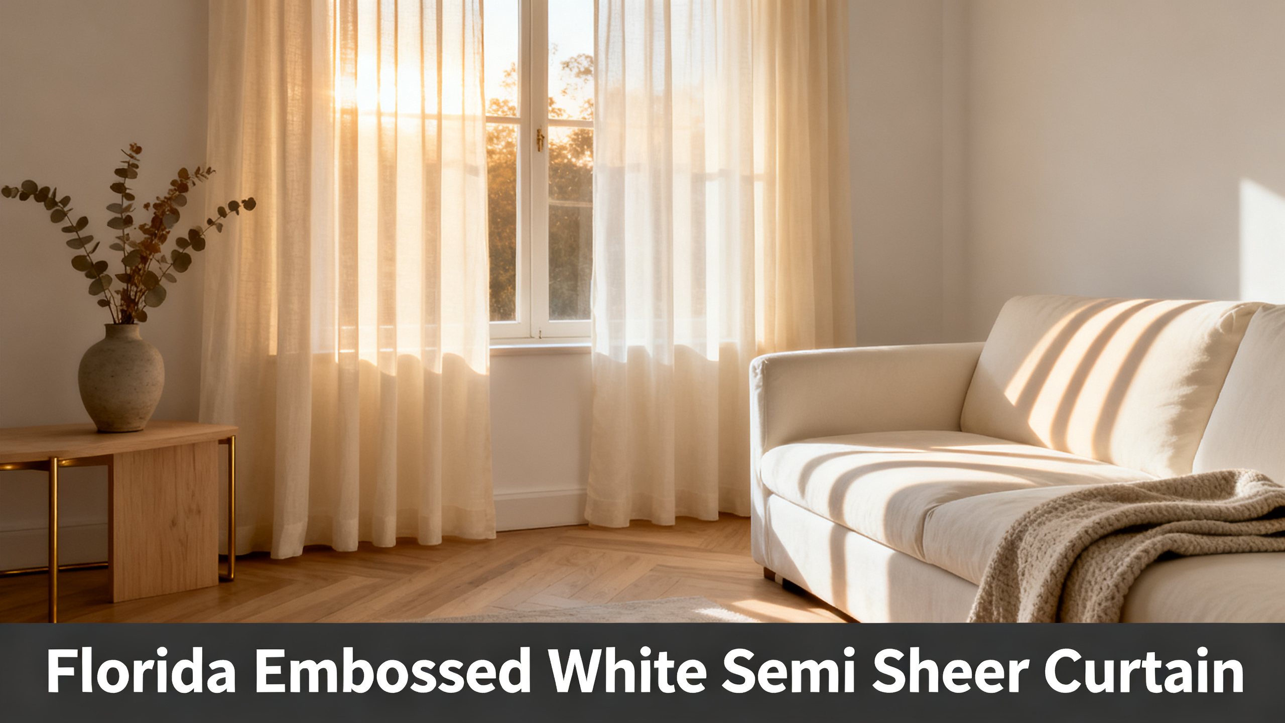 Scandinavian-modern interior at golden hour with window treatment, neutral palette, editorial home photography for Florida Embossed White Semi Sheer Curtain