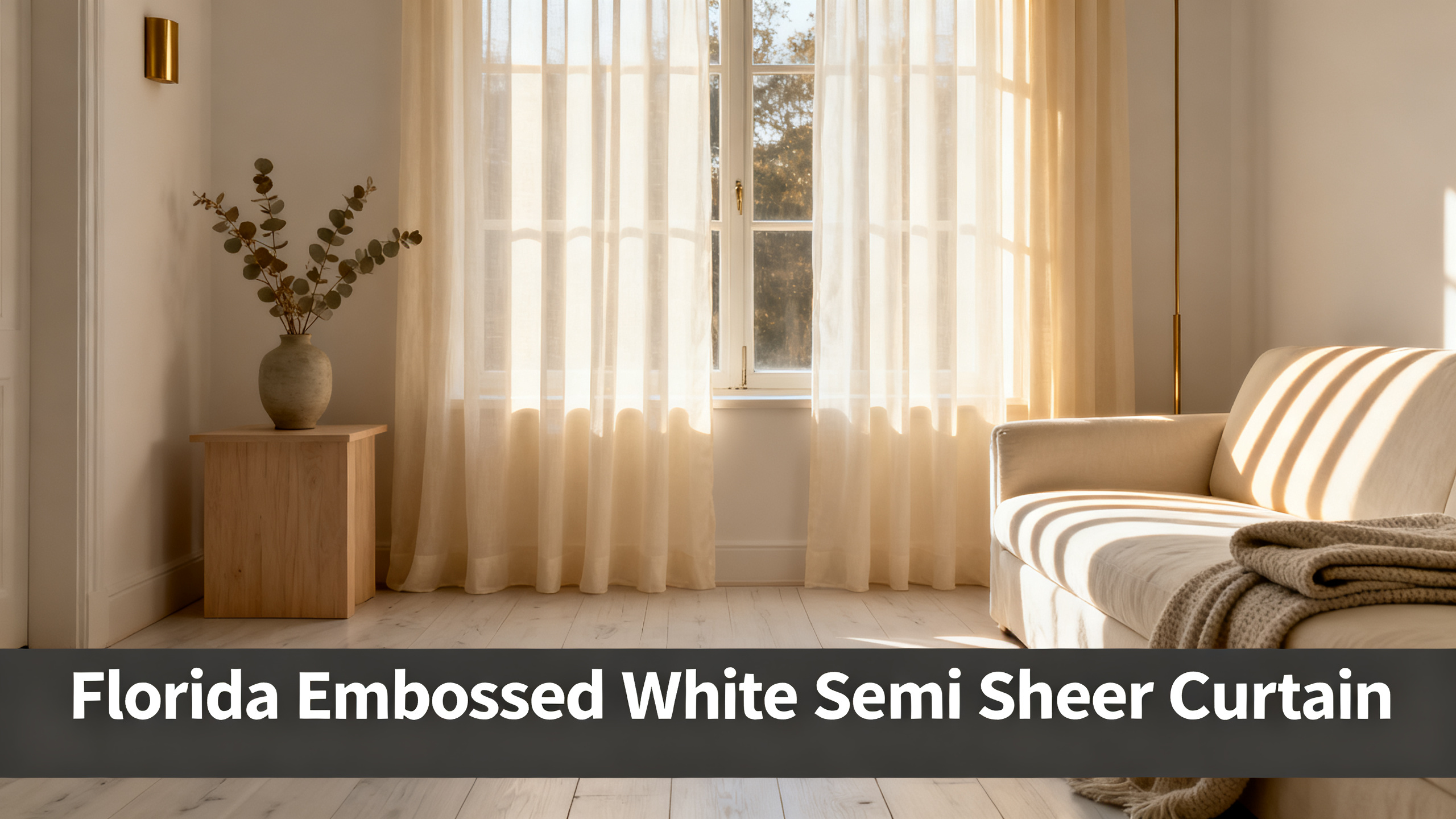 Scandinavian-modern interior at golden hour with window treatment, neutral palette, editorial home photography for Florida Embossed White Semi Sheer Curtain