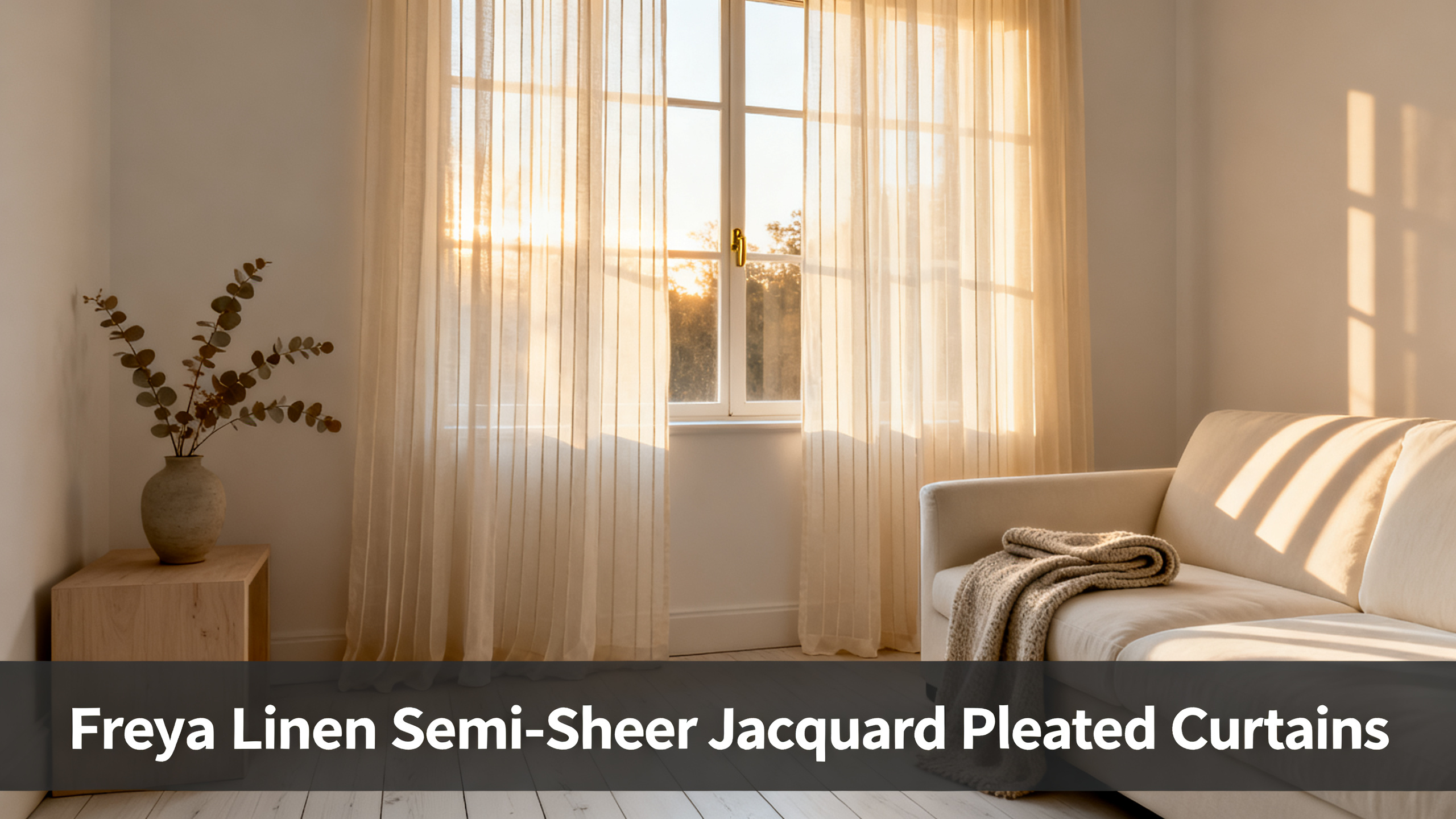 Scandinavian-modern interior at golden hour with window treatment, neutral palette, editorial home photography for Freya Linen Semi-Sheer Jacquard Pleated Curtains