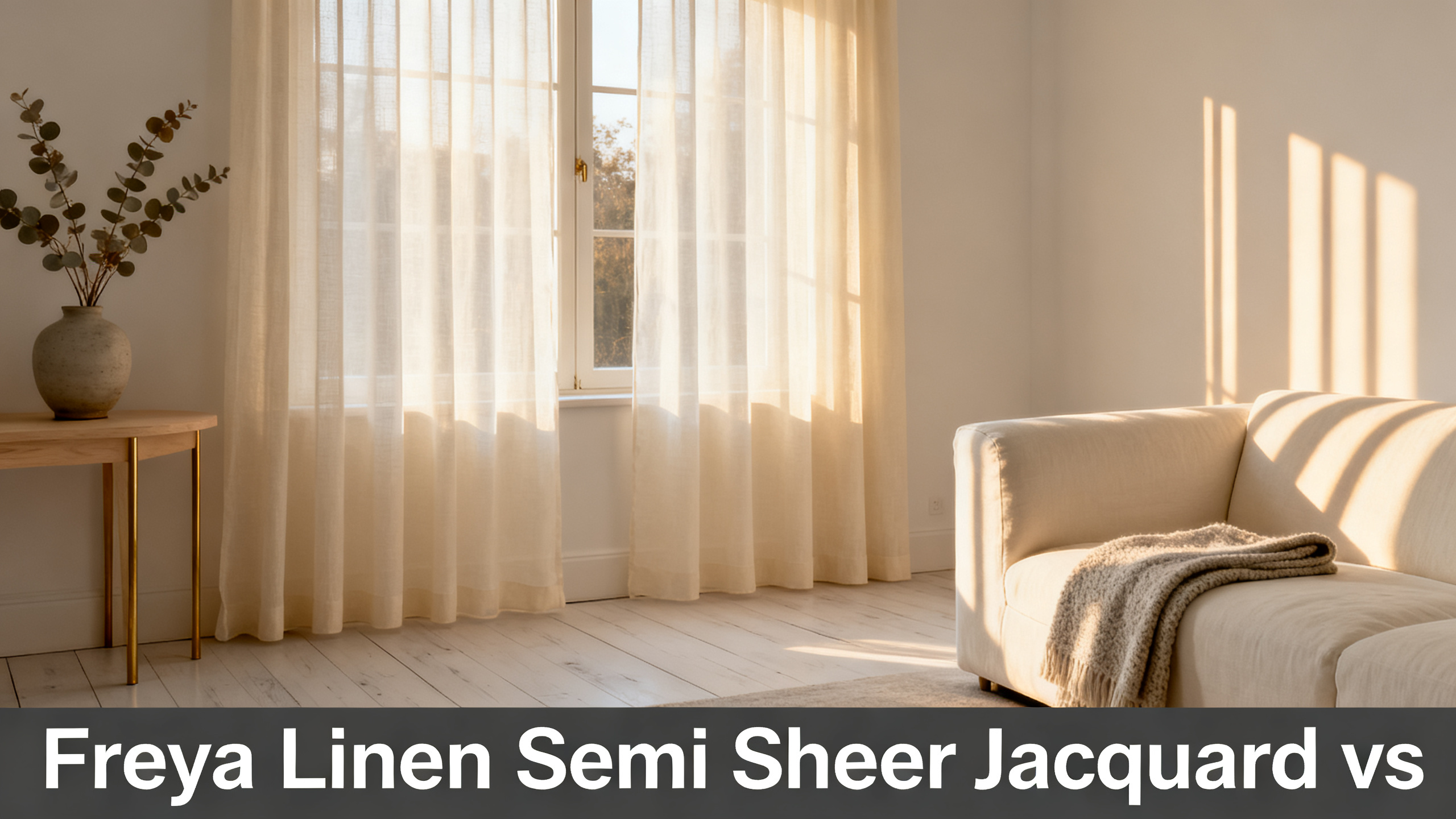 Scandinavian-modern interior at golden hour with window treatment, neutral palette, editorial home photography for Freya Linen Semi Sheer Jacquard vs