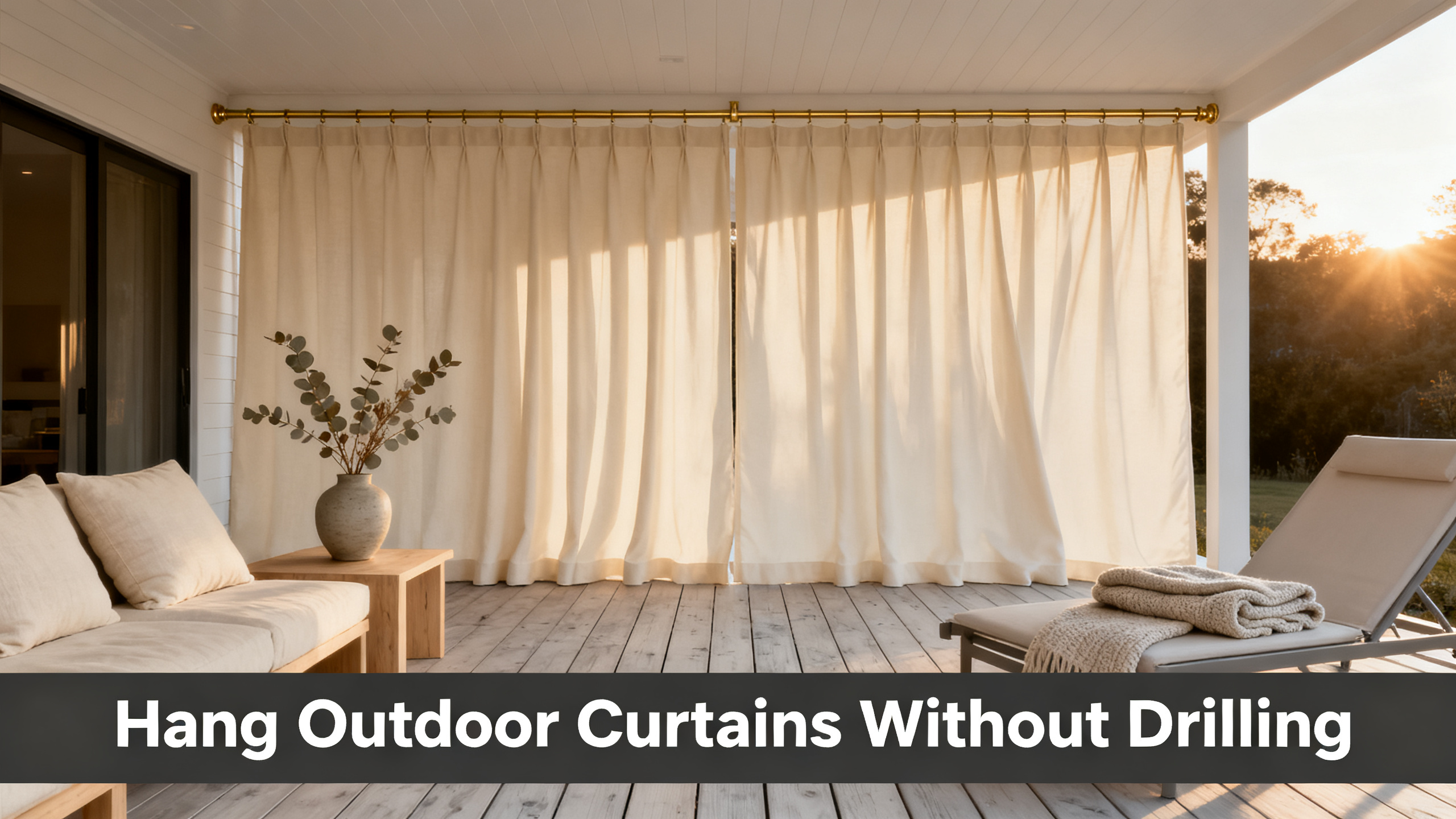 Scandinavian-modern covered patio at golden hour with floor-length cream outdoor curtains on a brass rod, weathered oak deck, cream linen cushions