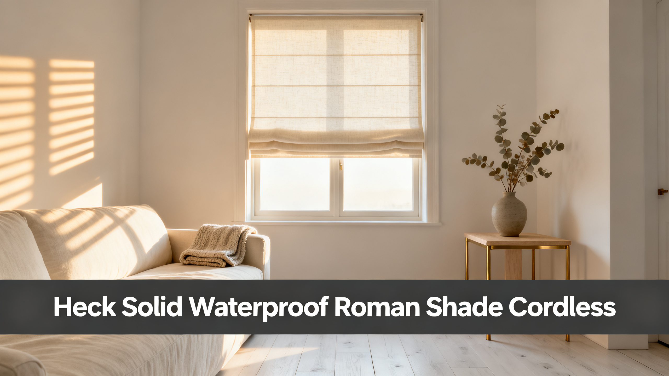 Scandinavian-modern interior at golden hour with window treatment, neutral palette, editorial home photography for Heck Solid Waterproof Roman Shade Cordless