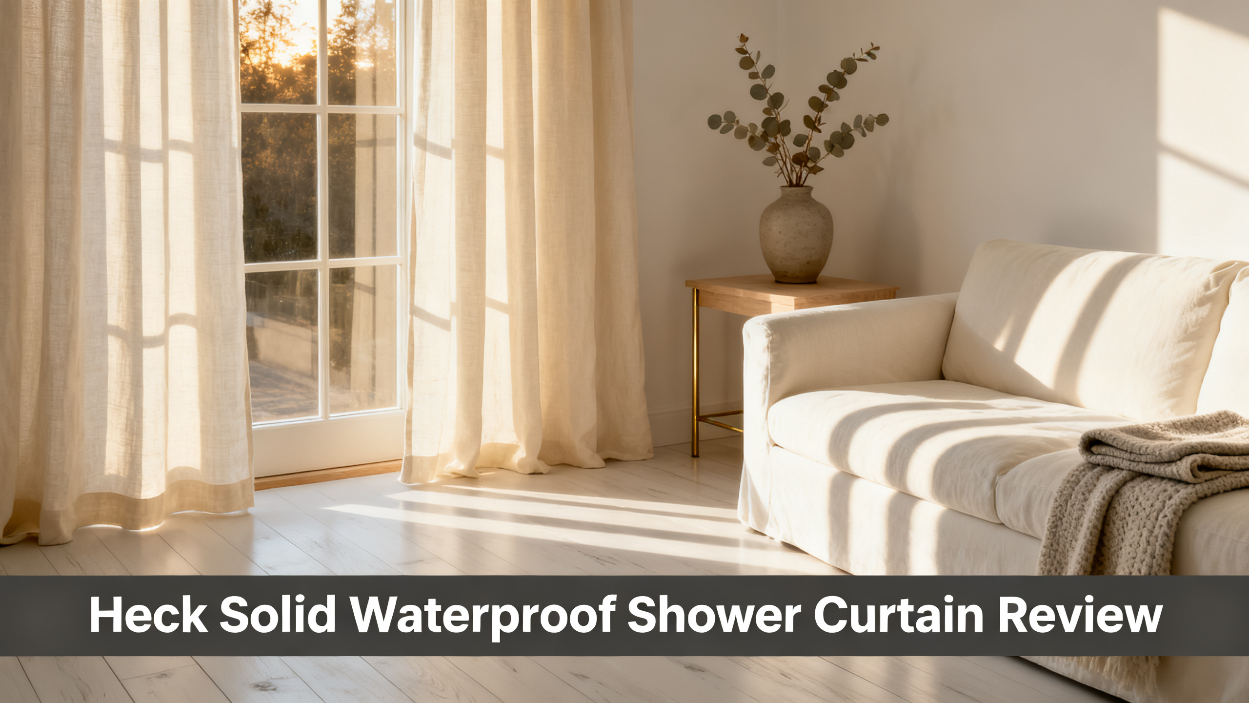 Scandinavian-modern interior at golden hour with window treatment, neutral palette, editorial home photography for Heck Solid Waterproof Shower Curtain Review