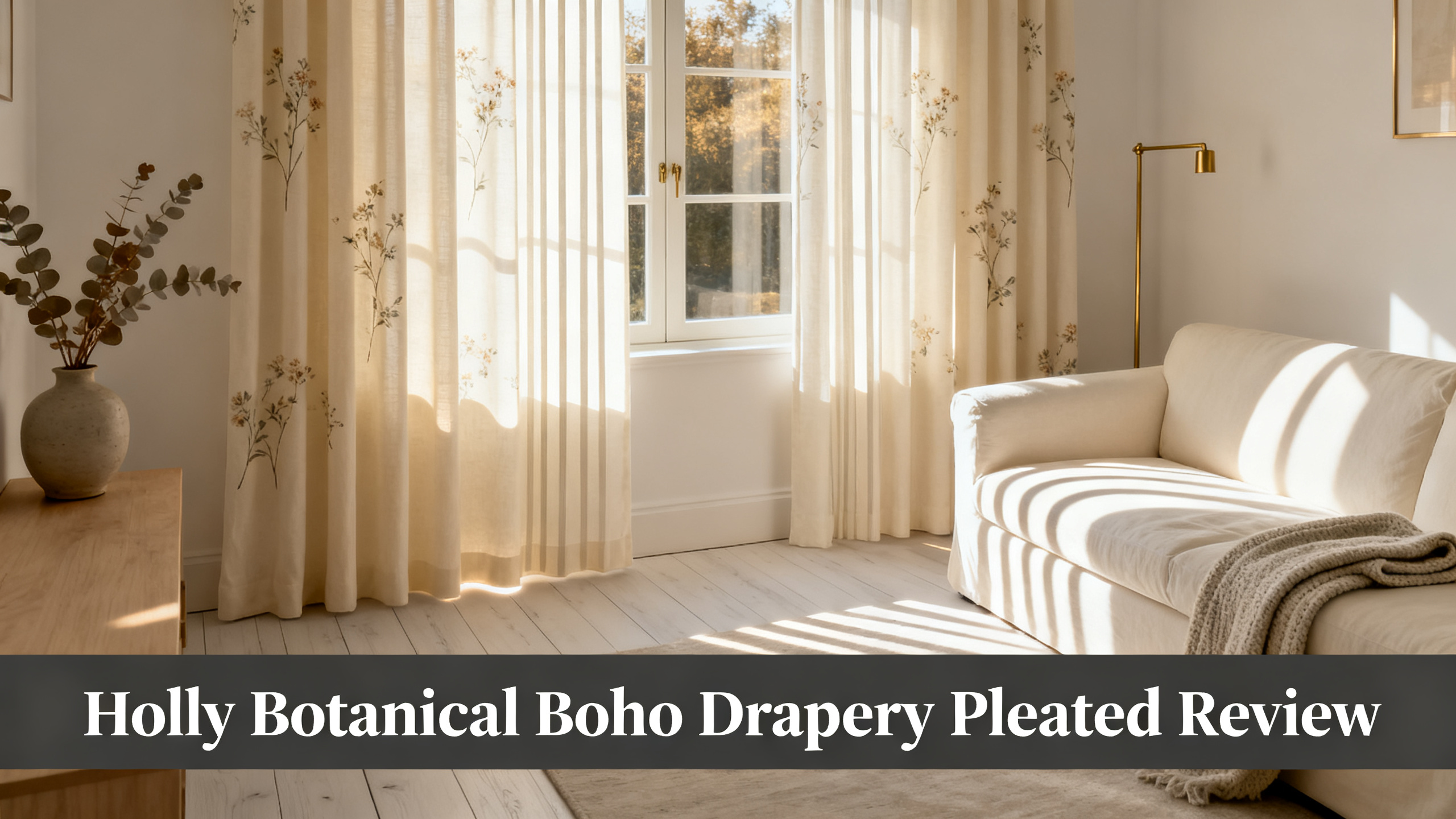 Scandinavian-modern interior at golden hour with window treatment, neutral palette, editorial home photography for Holly Botanical Boho Drapery Pleated Review