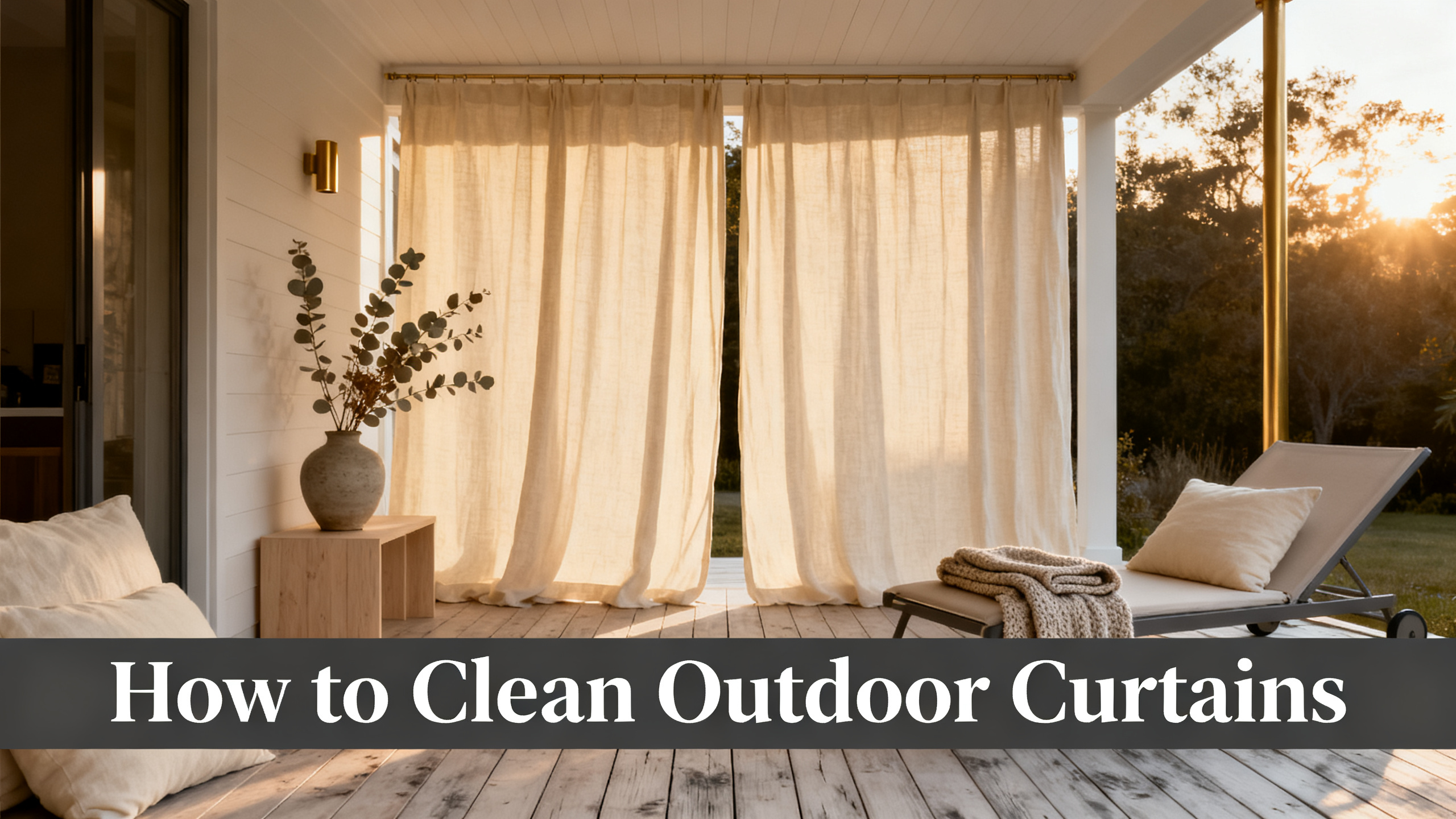 Scandinavian-modern interior at golden hour with window treatment, neutral palette, editorial home photography for How to Clean Outdoor Curtains