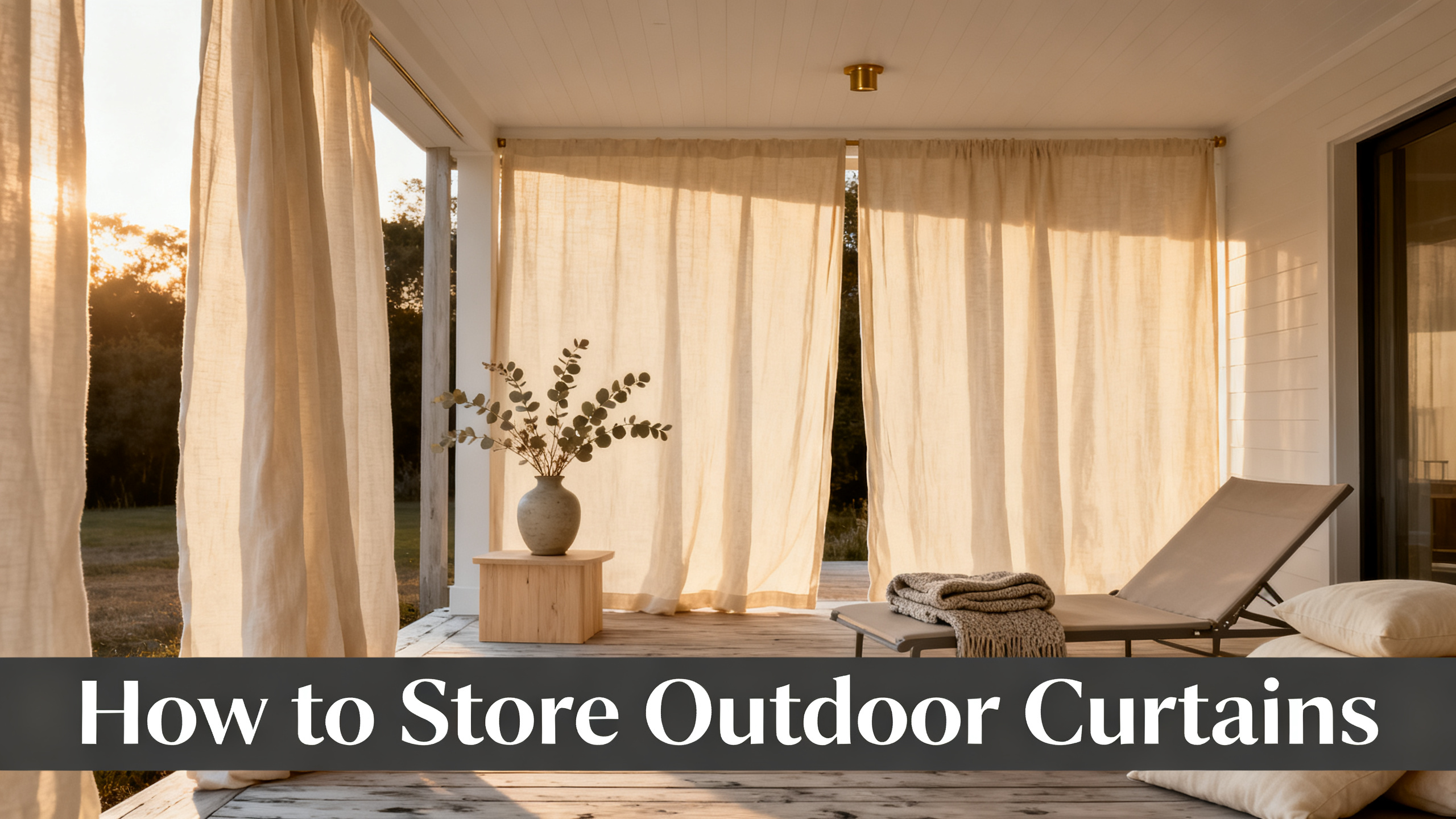 Scandinavian-modern interior at golden hour with window treatment, neutral palette, editorial home photography for How to Store Outdoor Curtains