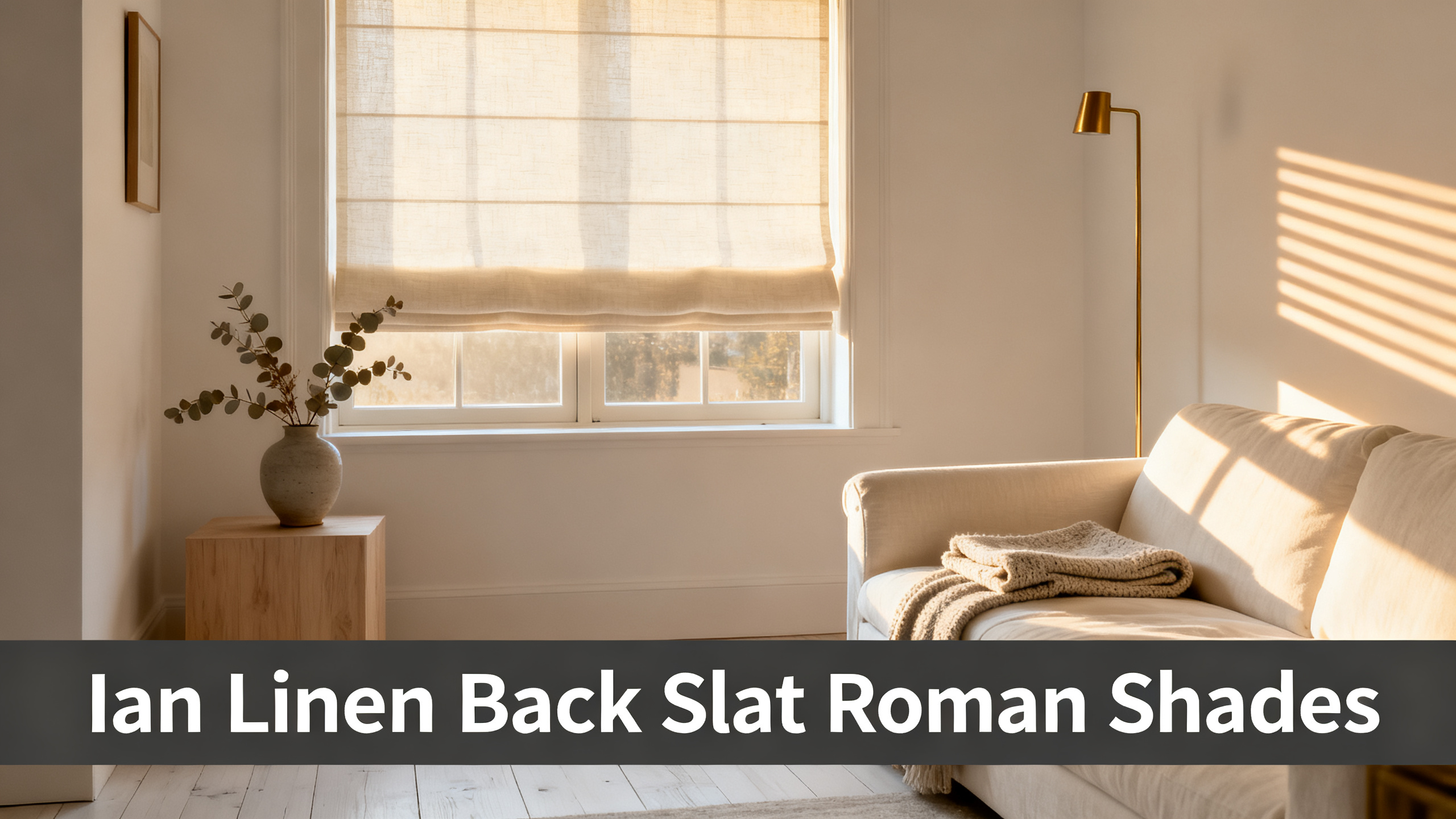 Scandinavian-modern interior at golden hour with window treatment, neutral palette, editorial home photography for Ian Linen Back Slat Roman Shades