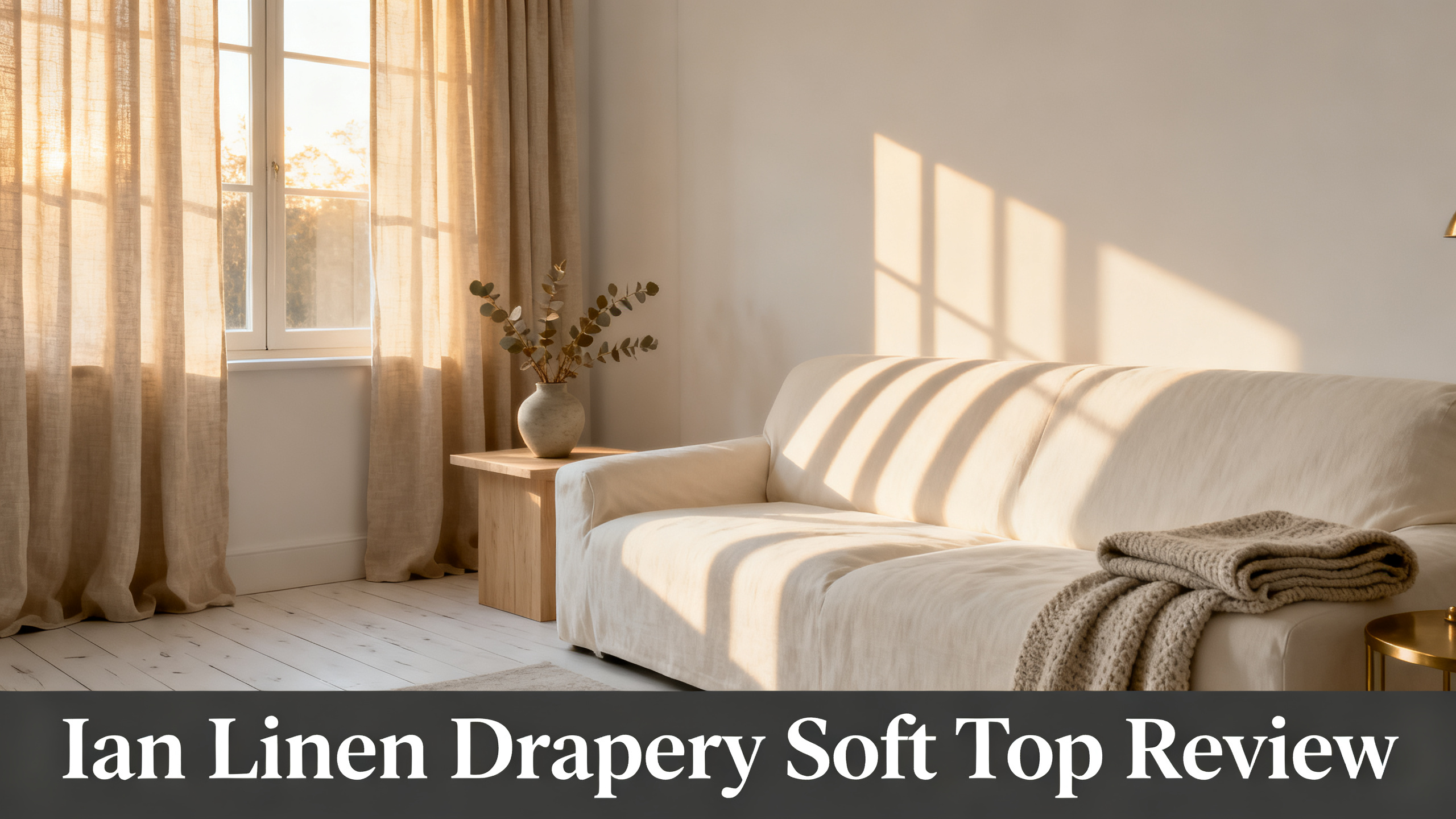 Scandinavian-modern interior at golden hour with window treatment, neutral palette, editorial home photography for Ian Linen Drapery Soft Top Review