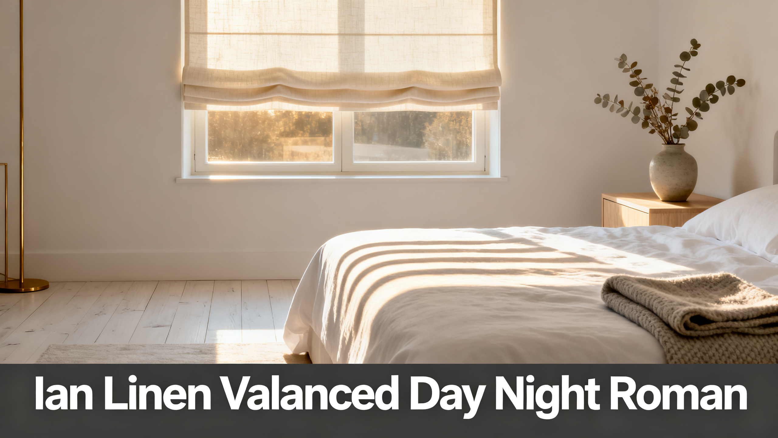 Scandinavian-modern interior at golden hour with window treatment, neutral palette, editorial home photography for Ian Linen Valanced Day Night Roman