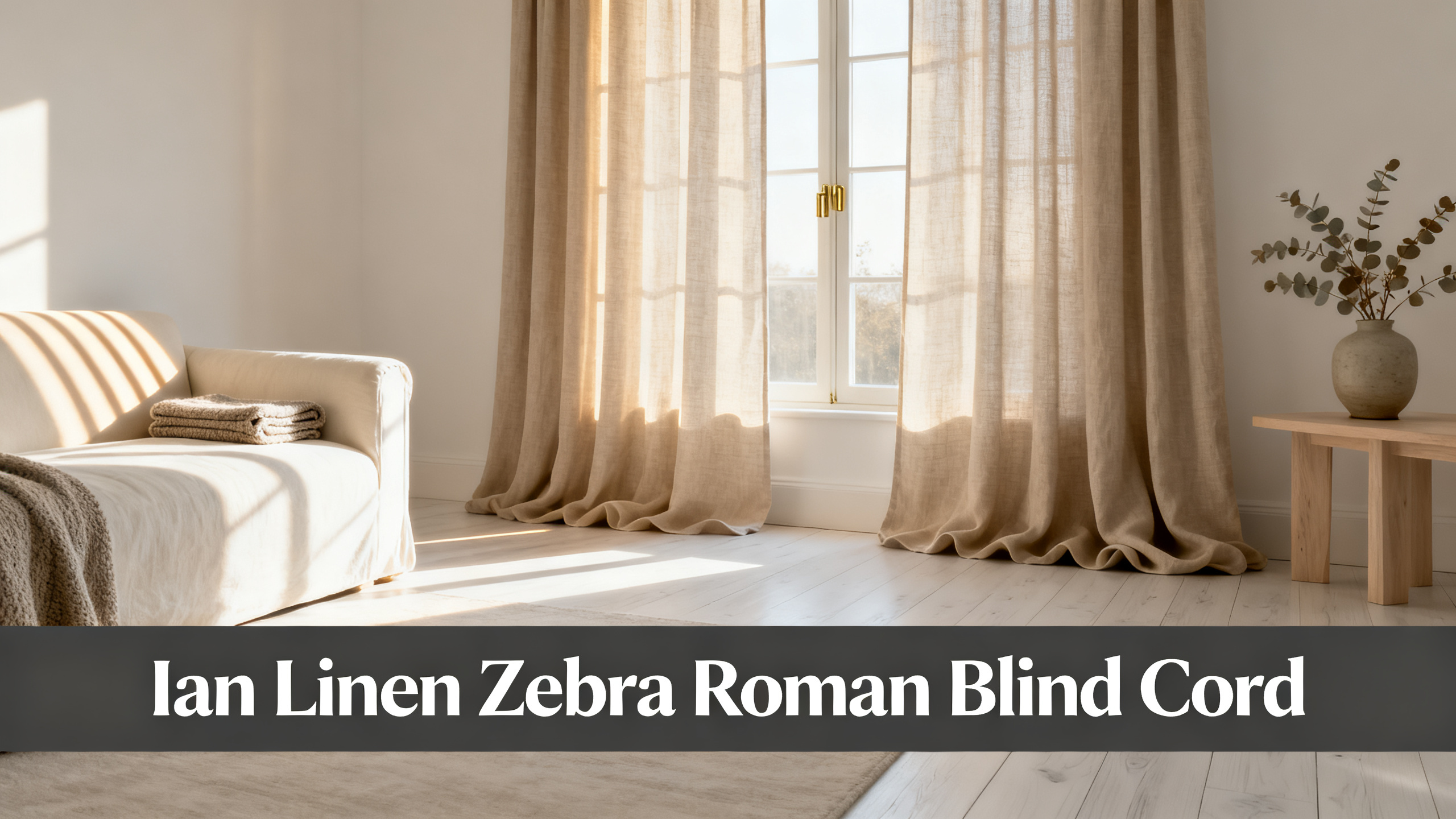 Scandinavian-modern interior at golden hour with window treatment, neutral palette, editorial home photography for Ian Linen Zebra Roman Blind Cord