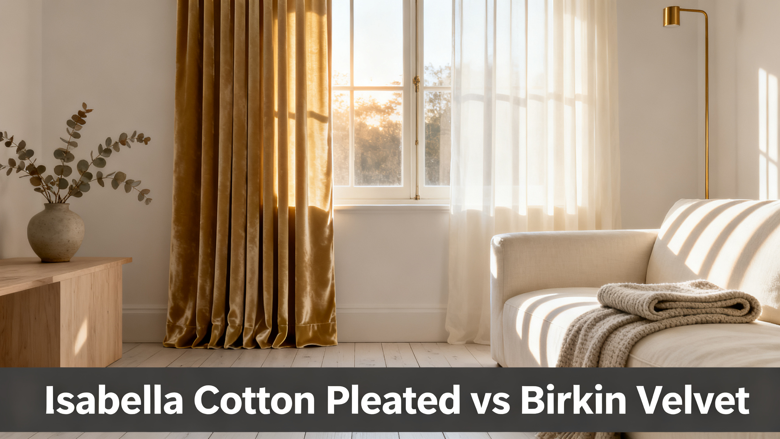 Scandinavian-modern interior at golden hour with window treatment, neutral palette, editorial home photography for Isabella Cotton Pleated vs Birkin Velvet