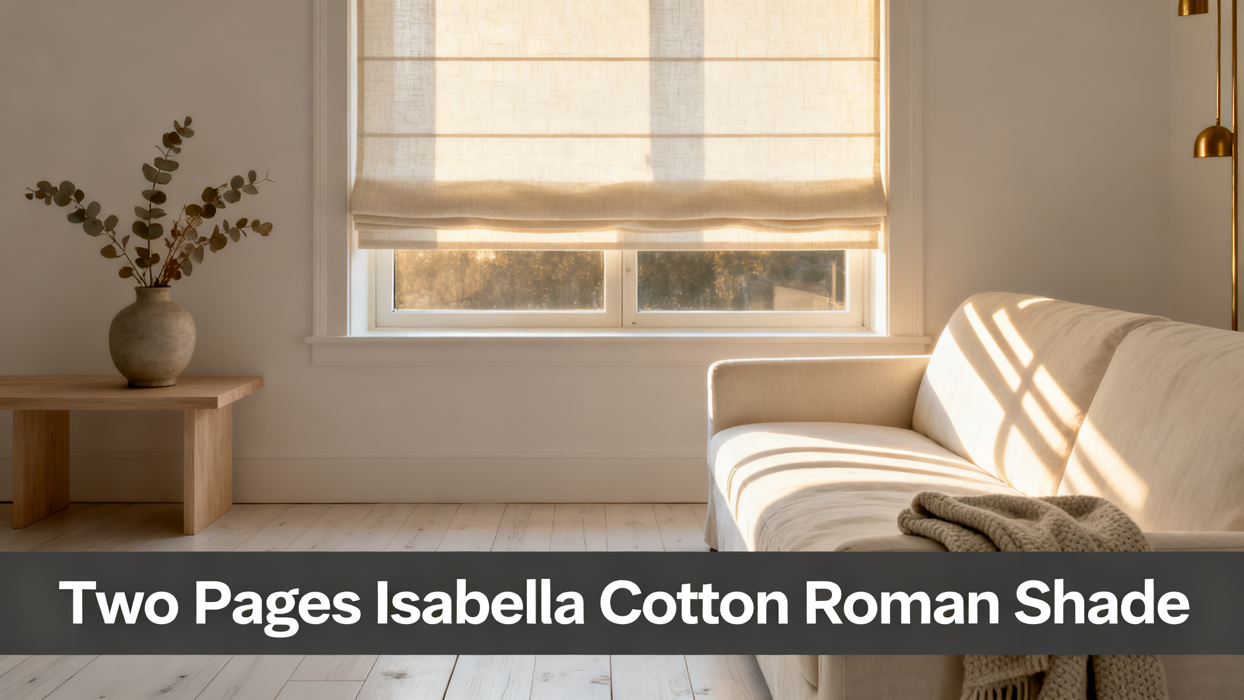 Scandinavian-modern interior at golden hour with window treatment, neutral palette, editorial home photography for Two Pages Isabella Cotton Roman Shade