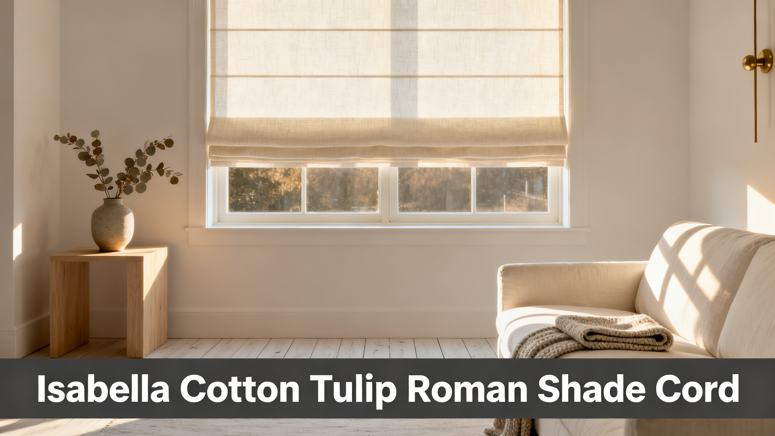 Scandinavian-modern interior at golden hour with window treatment, neutral palette, editorial home photography for Isabella Cotton Tulip Roman Shade Cord