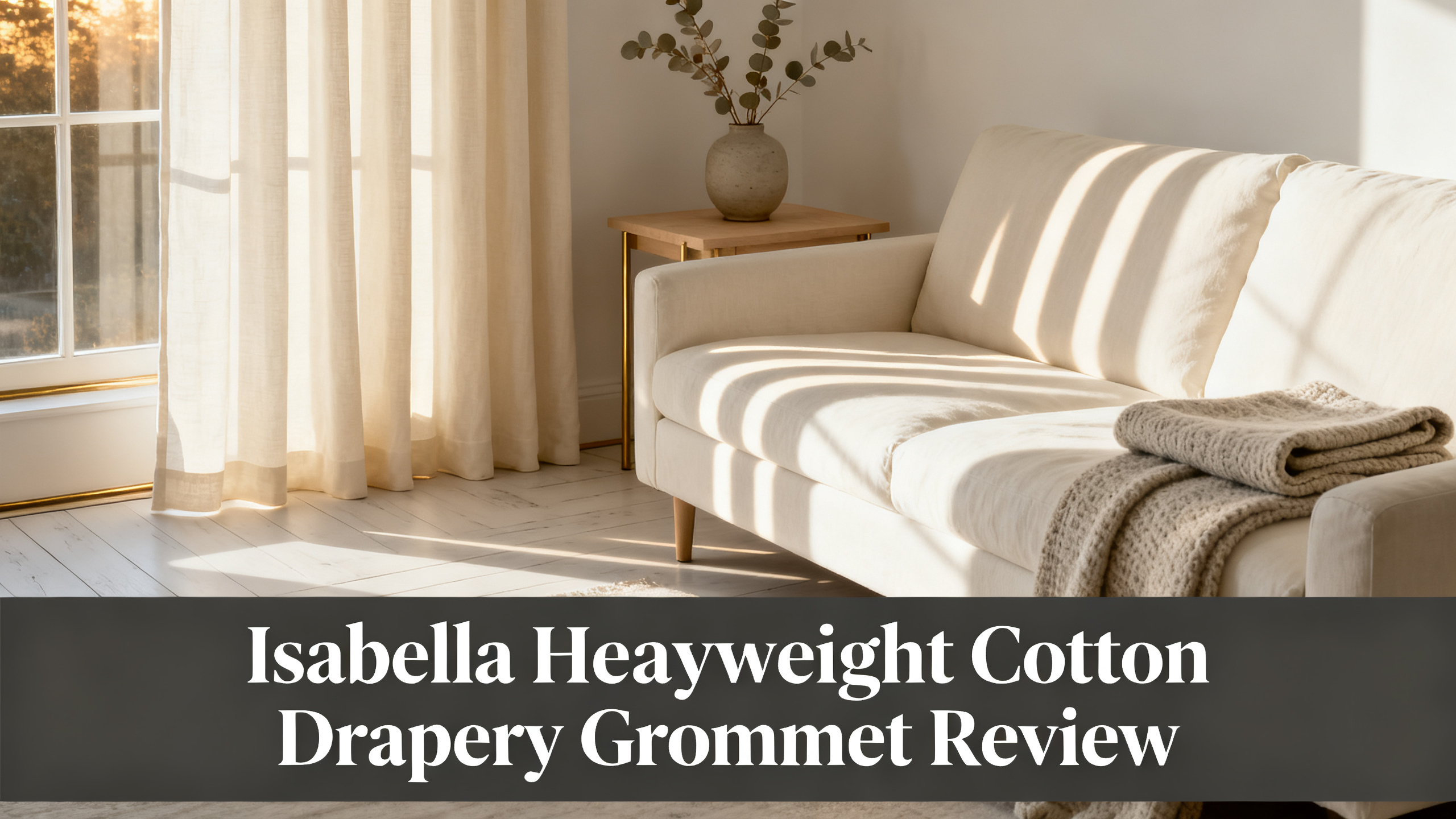Scandinavian-modern interior at golden hour with window treatment, neutral palette, editorial home photography for Isabella Heavyweight Cotton Drapery Grommet Review