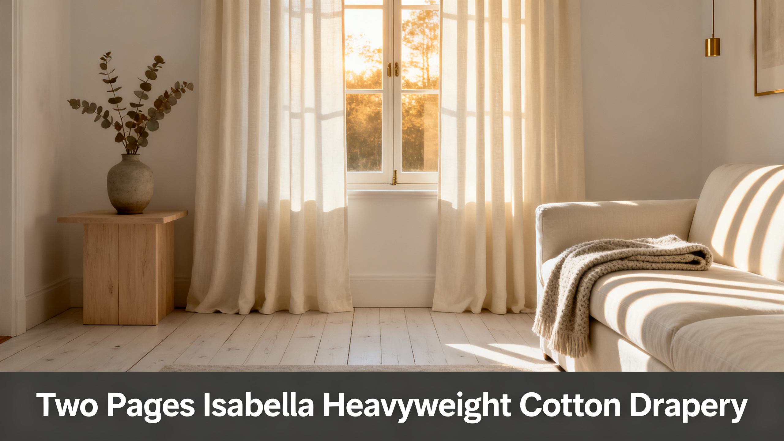 Scandinavian-modern interior at golden hour with window treatment, neutral palette, editorial home photography for Two Pages Isabella Heavyweight Cotton Drapery