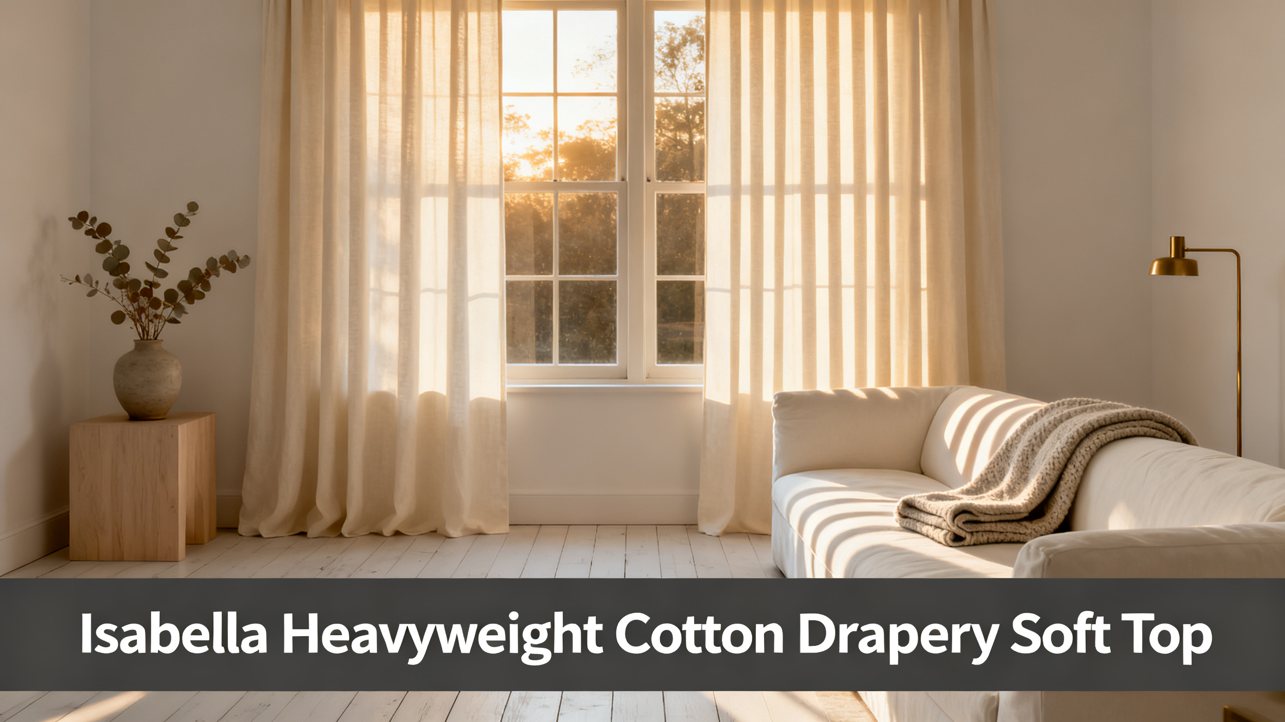 Scandinavian-modern interior at golden hour with window treatment, neutral palette, editorial home photography for Isabella Heavyweight Cotton Drapery Soft Top