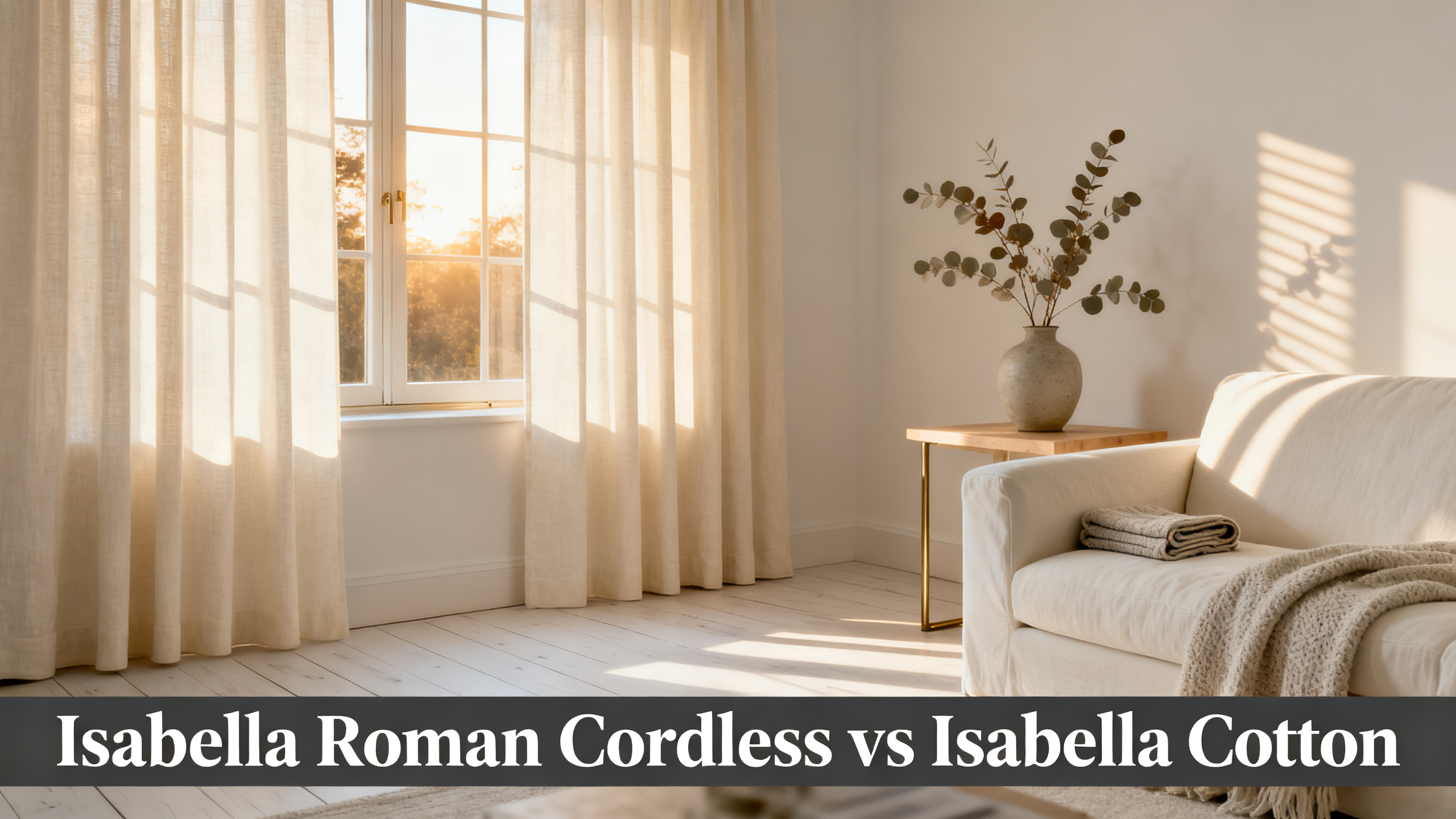 Scandinavian-modern interior at golden hour with window treatment, neutral palette, editorial home photography for Isabella Roman Cordless vs Isabella Cotton