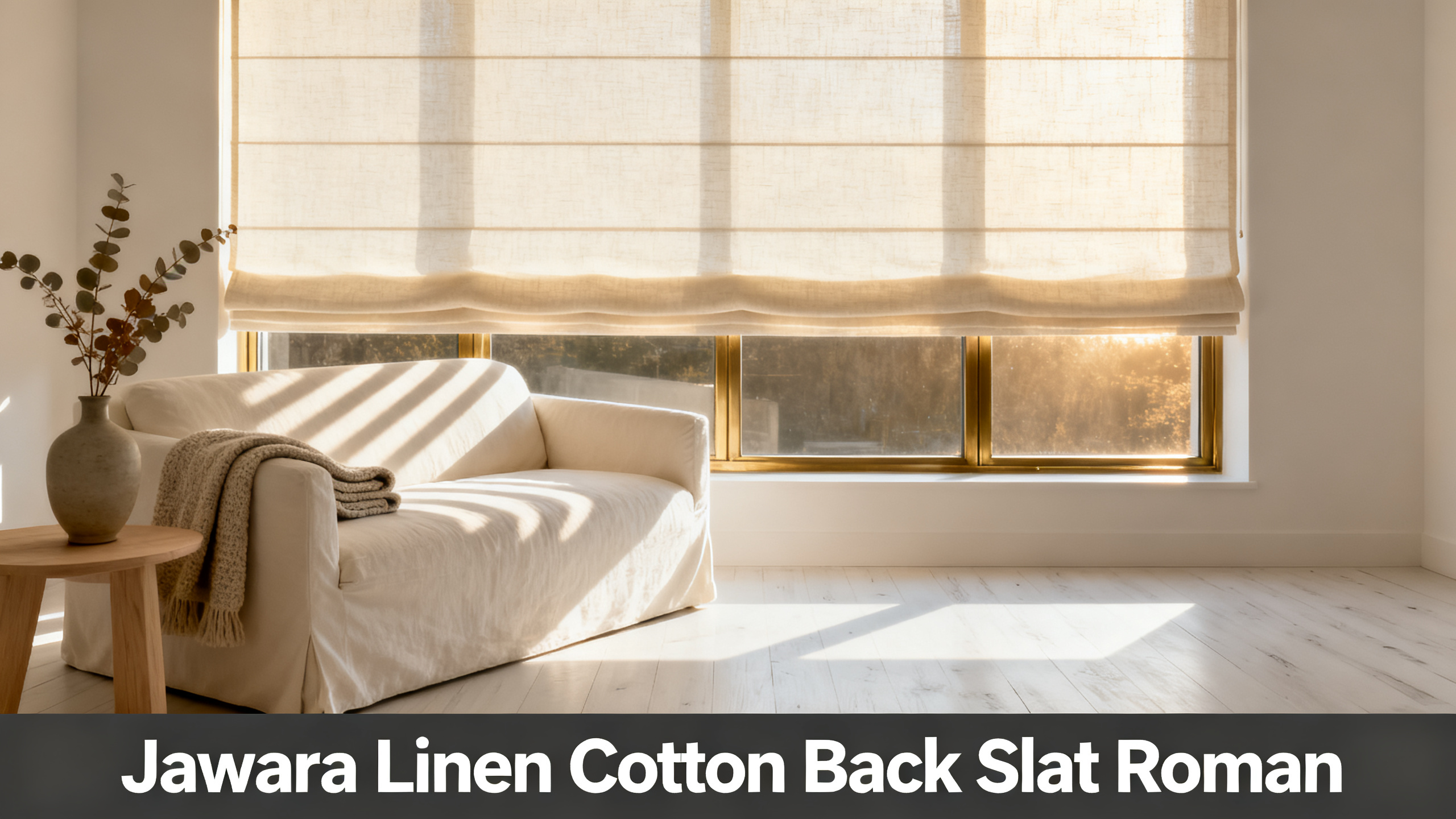 Scandinavian-modern interior at golden hour with window treatment, neutral palette, editorial home photography for Jawara Linen Cotton Back Slat Roman