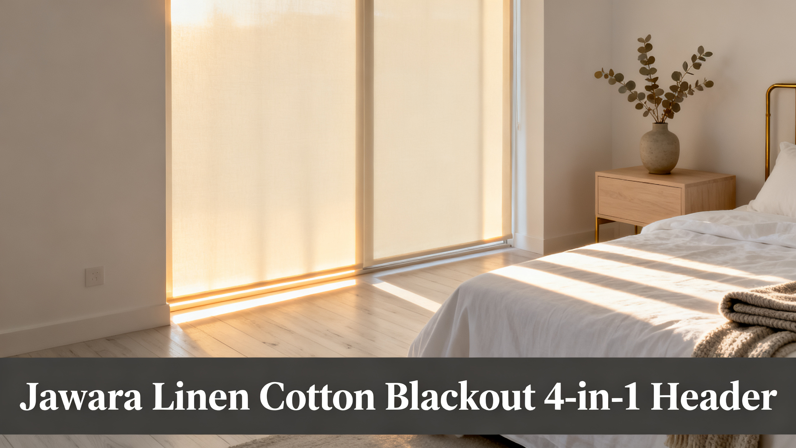Scandinavian-modern interior at golden hour with window treatment, neutral palette, editorial home photography for Jawara Linen Cotton Blackout 4-in-1 Header
