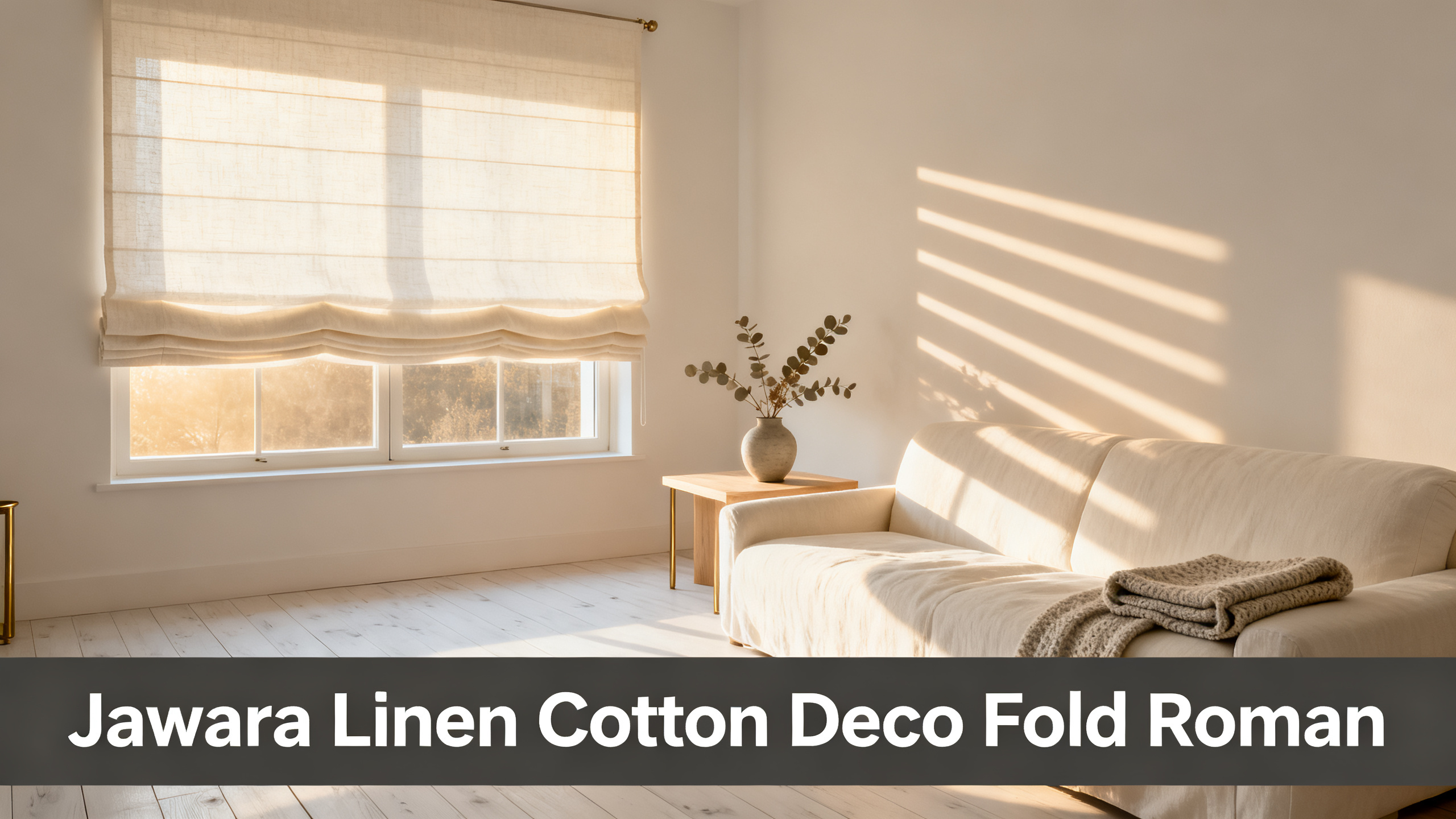 Scandinavian-modern interior at golden hour with window treatment, neutral palette, editorial home photography for Jawara Linen Cotton Deco Fold Roman