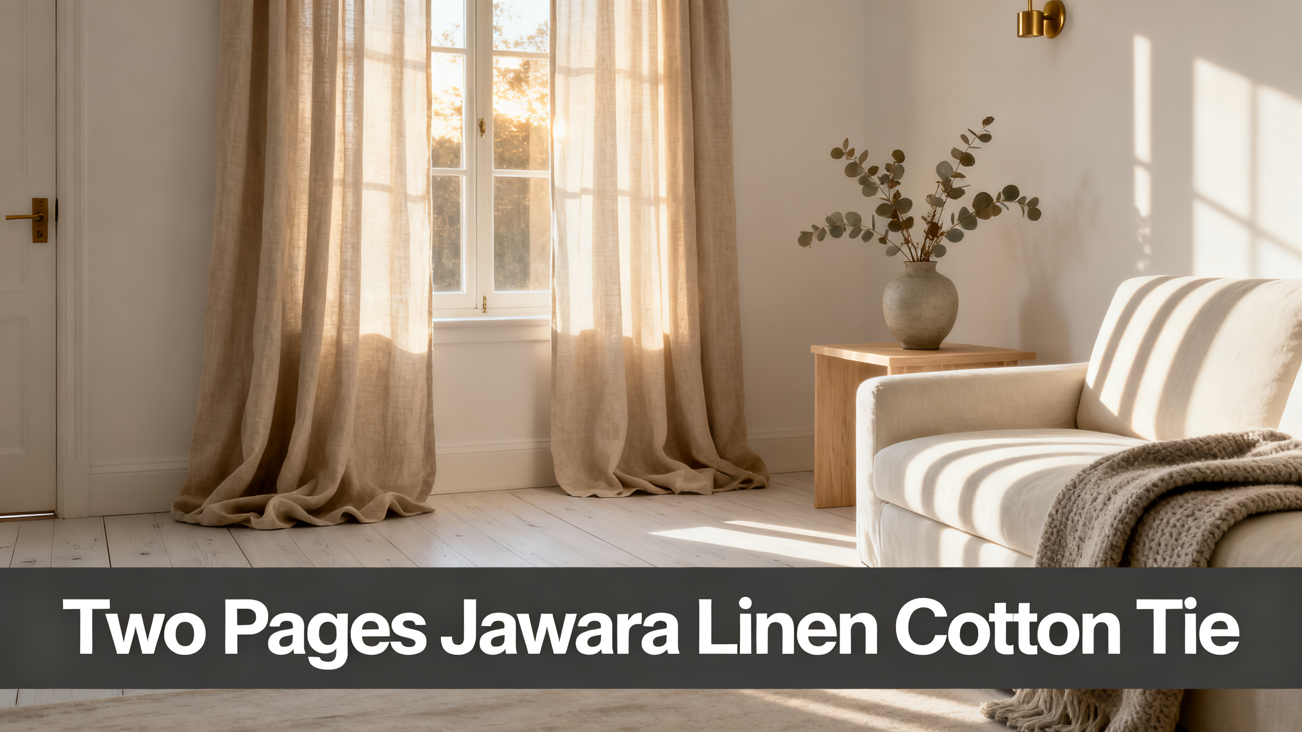 Scandinavian-modern interior at golden hour with window treatment, neutral palette, editorial home photography for Two Pages Jawara Linen Cotton Tie