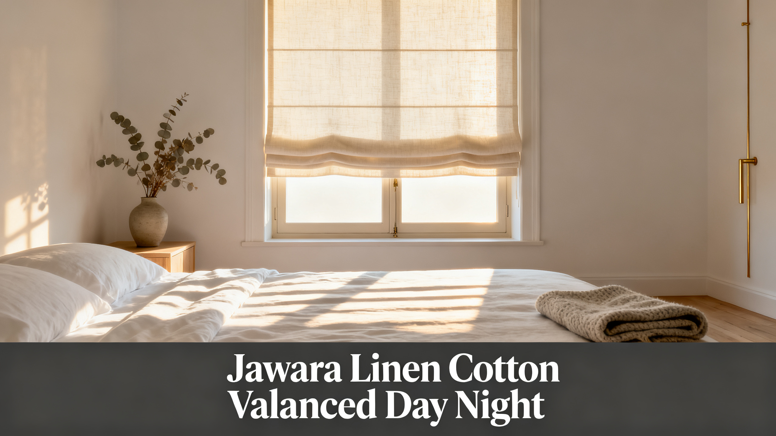 Scandinavian-modern interior at golden hour with window treatment, neutral palette, editorial home photography for Jawara Linen Cotton Valanced Day Night