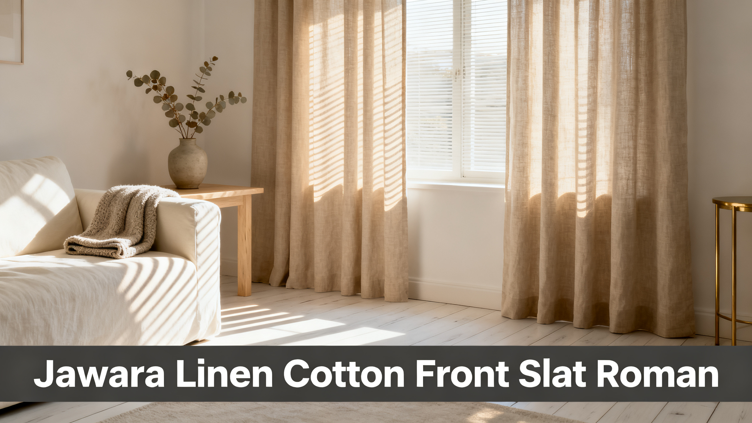 Scandinavian-modern interior at golden hour with window treatment, neutral palette, editorial home photography for Jawara Linen Cotton Front Slat Roman