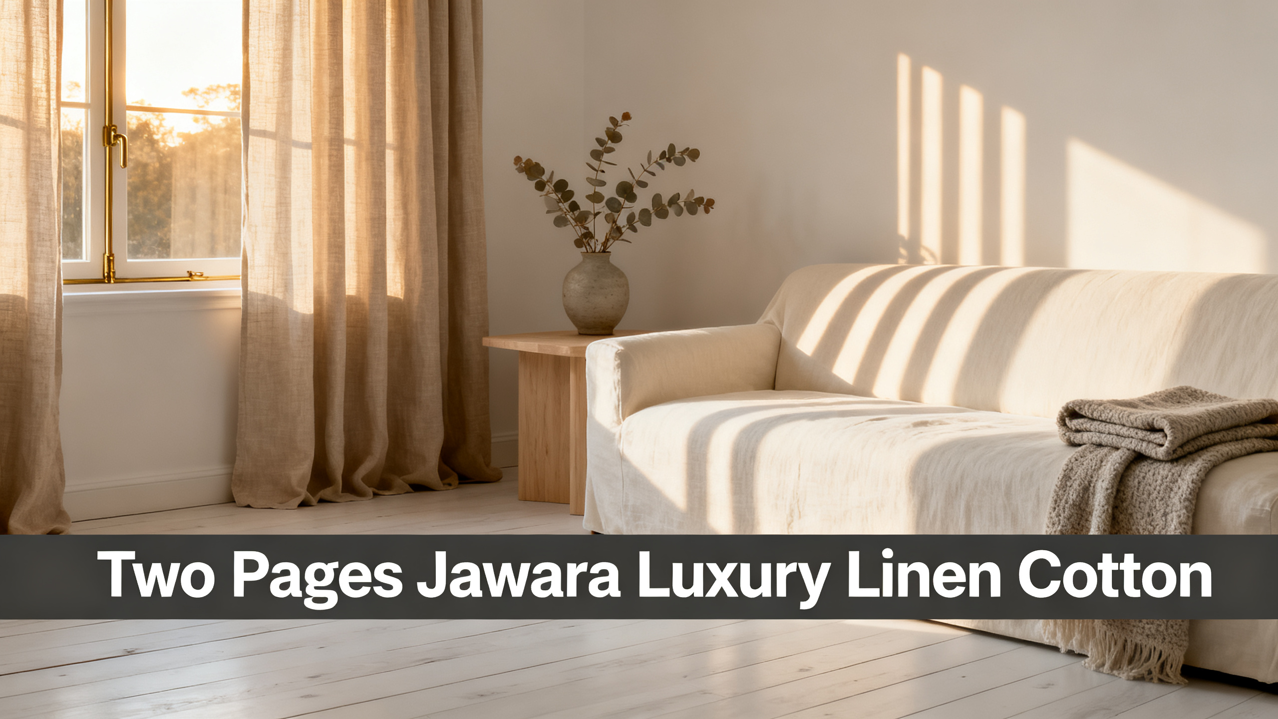 Scandinavian-modern interior at golden hour with window treatment, neutral palette, editorial home photography for Two Pages Jawara Luxury Linen Cotton