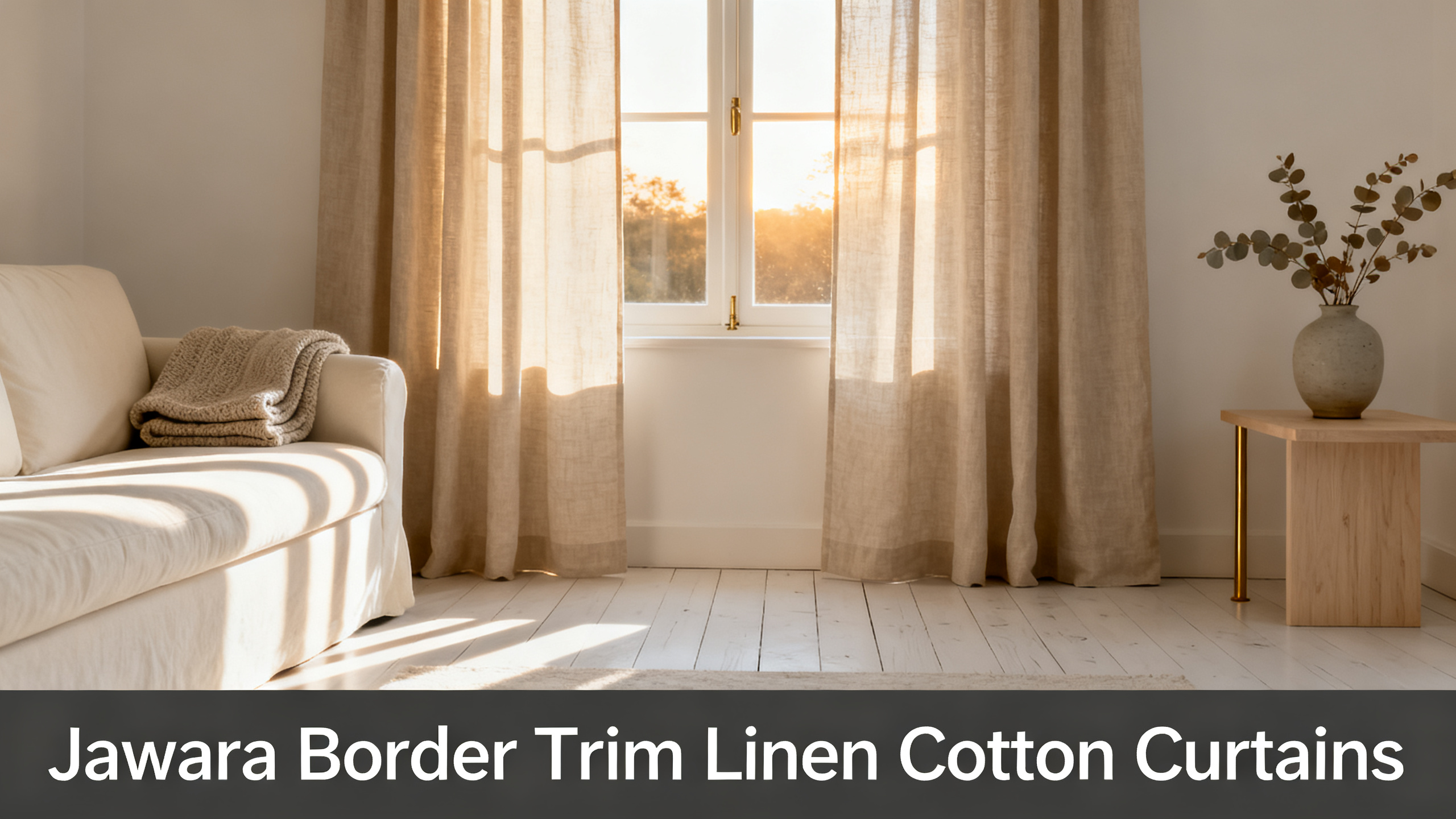 Scandinavian-modern interior at golden hour with window treatment, neutral palette, editorial home photography for Jawara Border Trim Linen Cotton Curtains