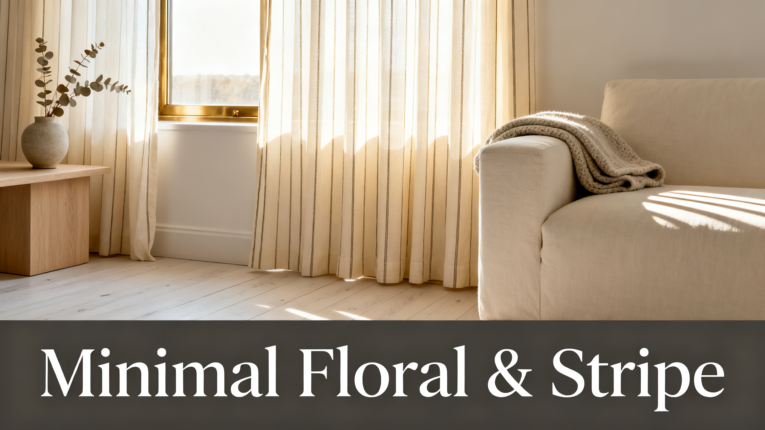 Scandinavian-modern interior at golden hour with window treatment, neutral palette, editorial home photography for Minimal Floral & Stripe