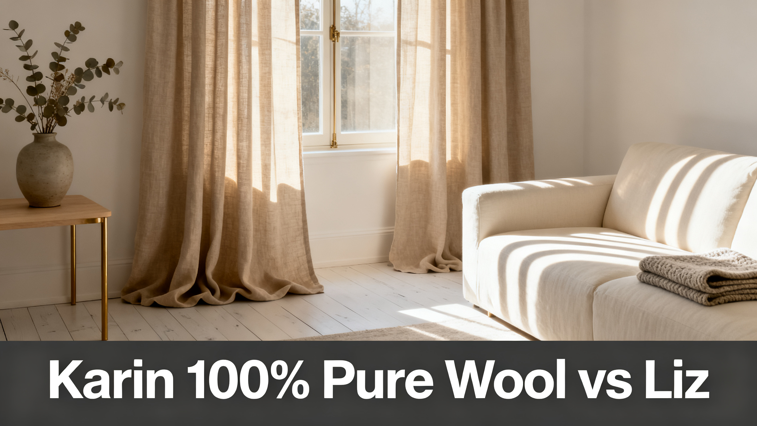 Scandinavian-modern interior at golden hour with window treatment, neutral palette, editorial home photography for Karin 100% Pure Wool vs Liz