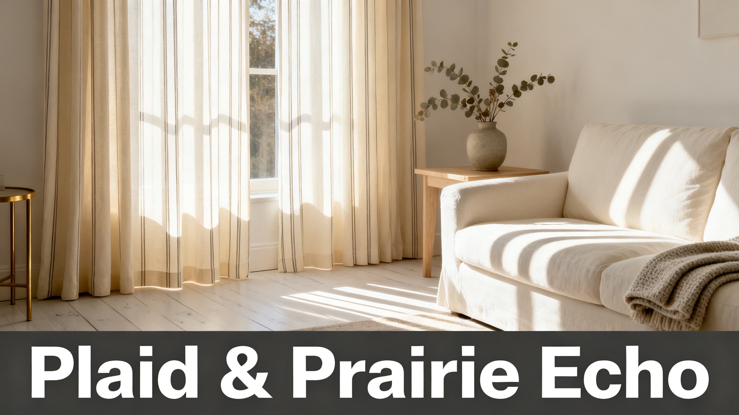 Scandinavian-modern interior at golden hour with window treatment, neutral palette, editorial home photography for Plaid & Prairie Echo