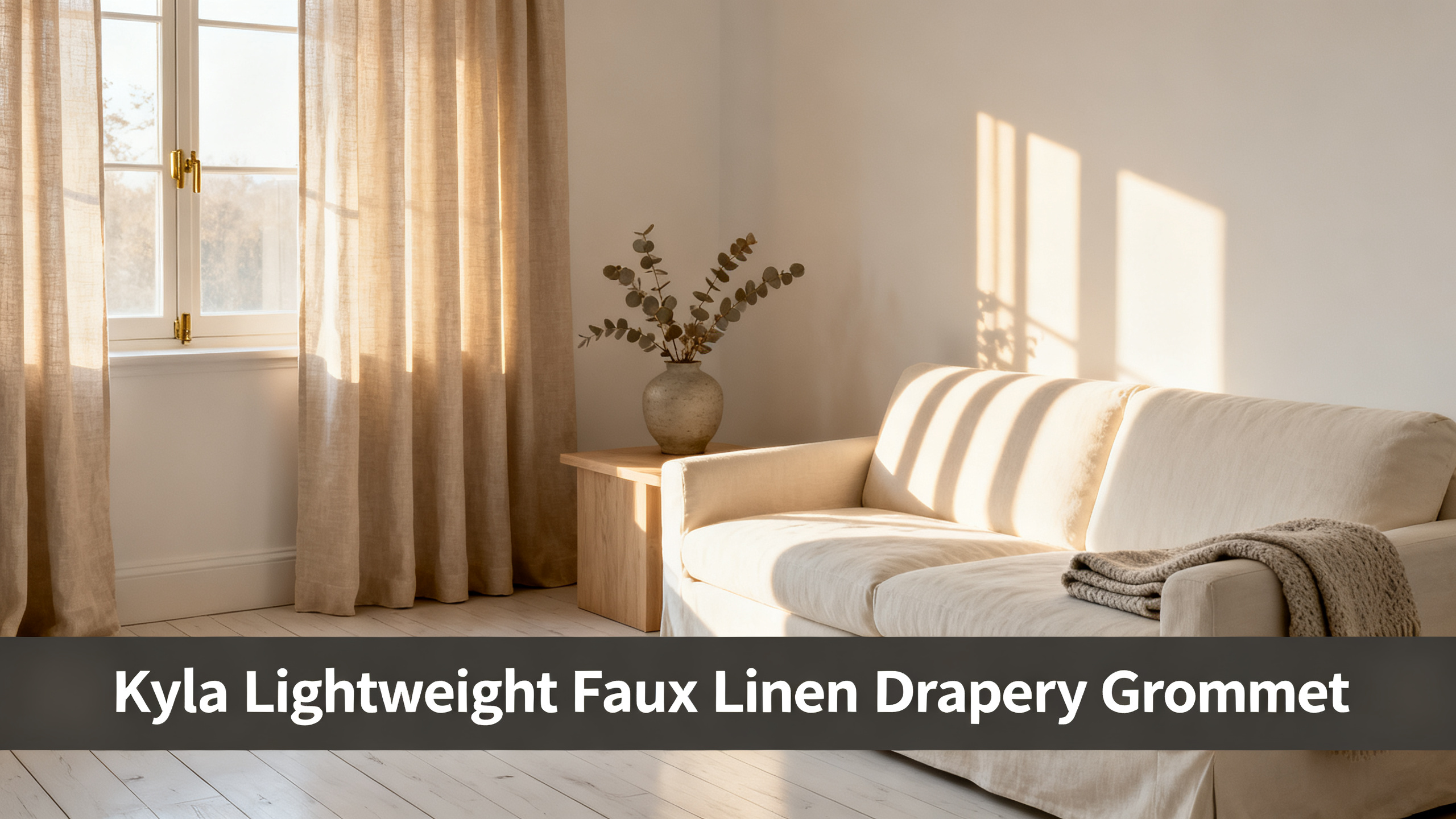 Scandinavian-modern interior at golden hour with window treatment, neutral palette, editorial home photography for Kyla Lightweight Faux Linen Drapery Grommet
