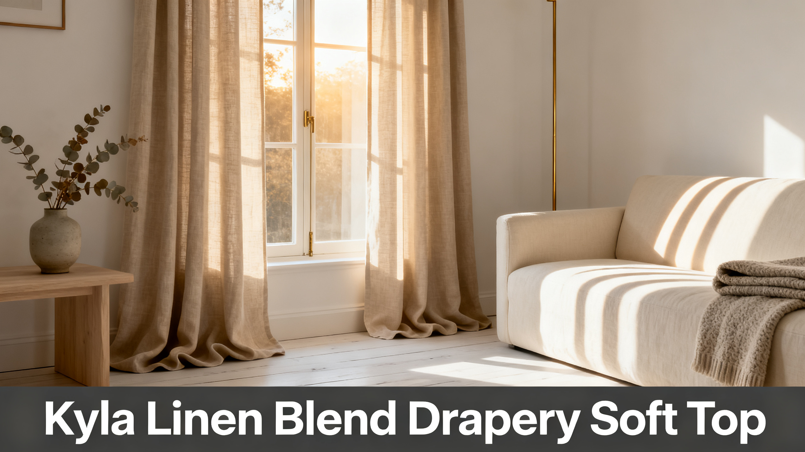 Scandinavian-modern interior at golden hour with window treatment, neutral palette, editorial home photography for Kyla Linen Blend Drapery Soft Top