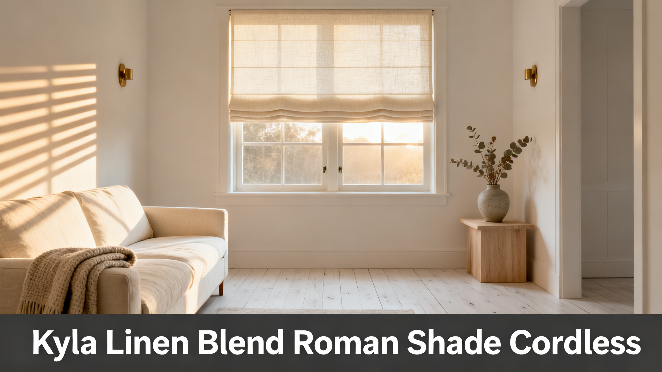 Scandinavian-modern interior at golden hour with window treatment, neutral palette, editorial home photography for Kyla Linen Blend Roman Shade Cordless