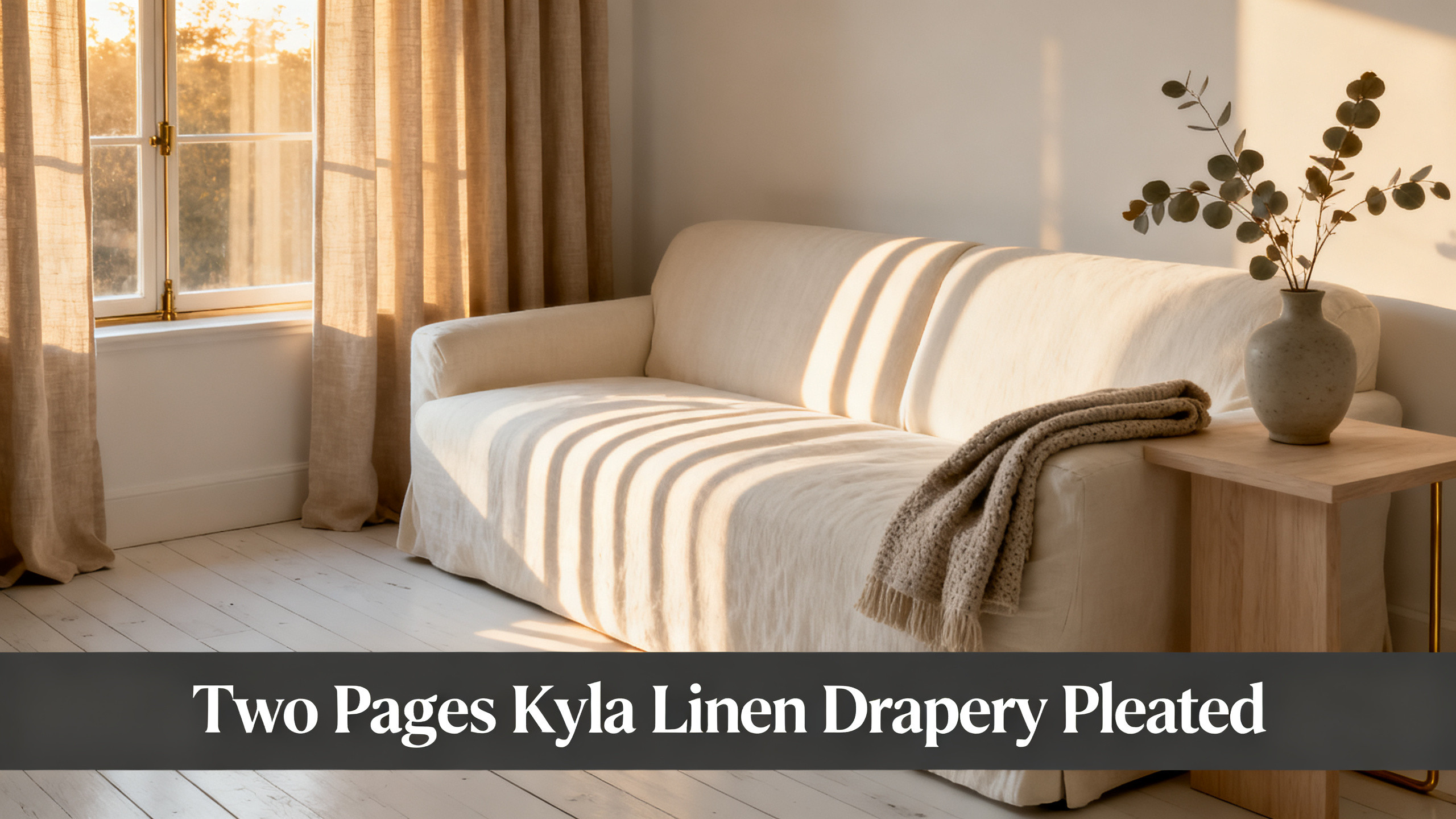 Scandinavian-modern interior at golden hour with window treatment, neutral palette, editorial home photography for Two Pages Kyla Linen Drapery Pleated