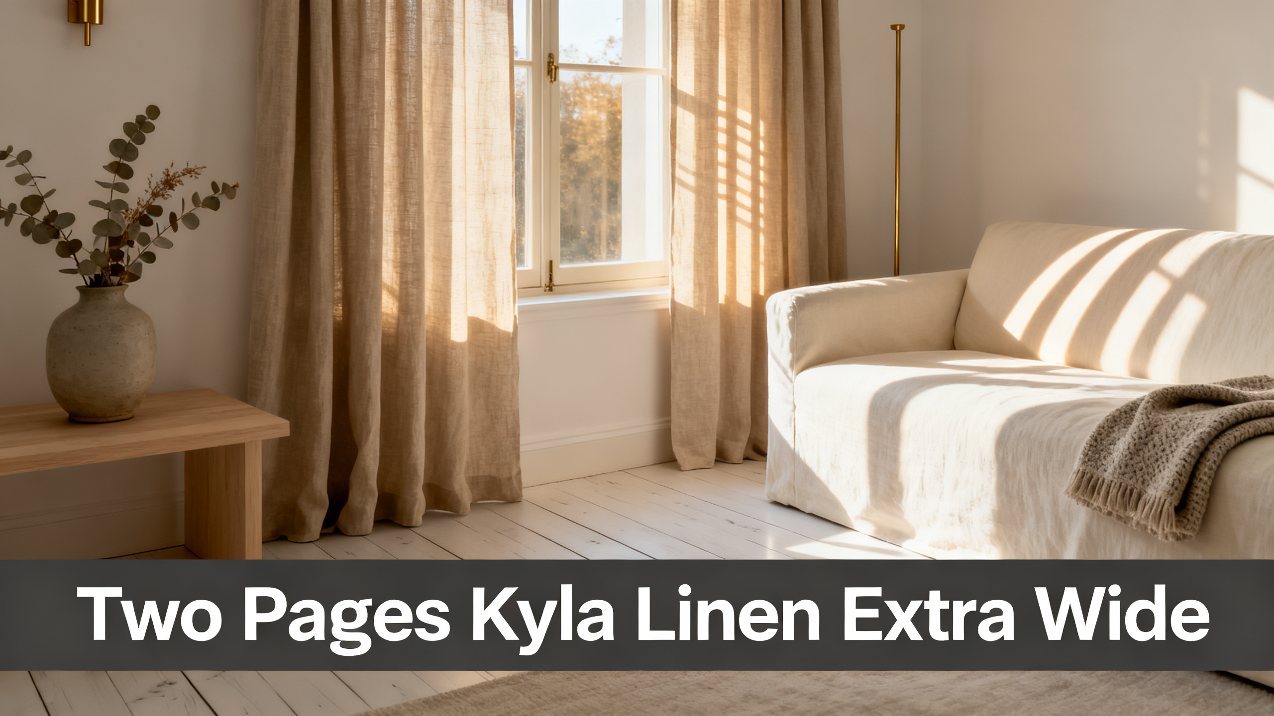 Scandinavian-modern interior at golden hour with window treatment, neutral palette, editorial home photography for Two Pages Kyla Linen Extra Wide