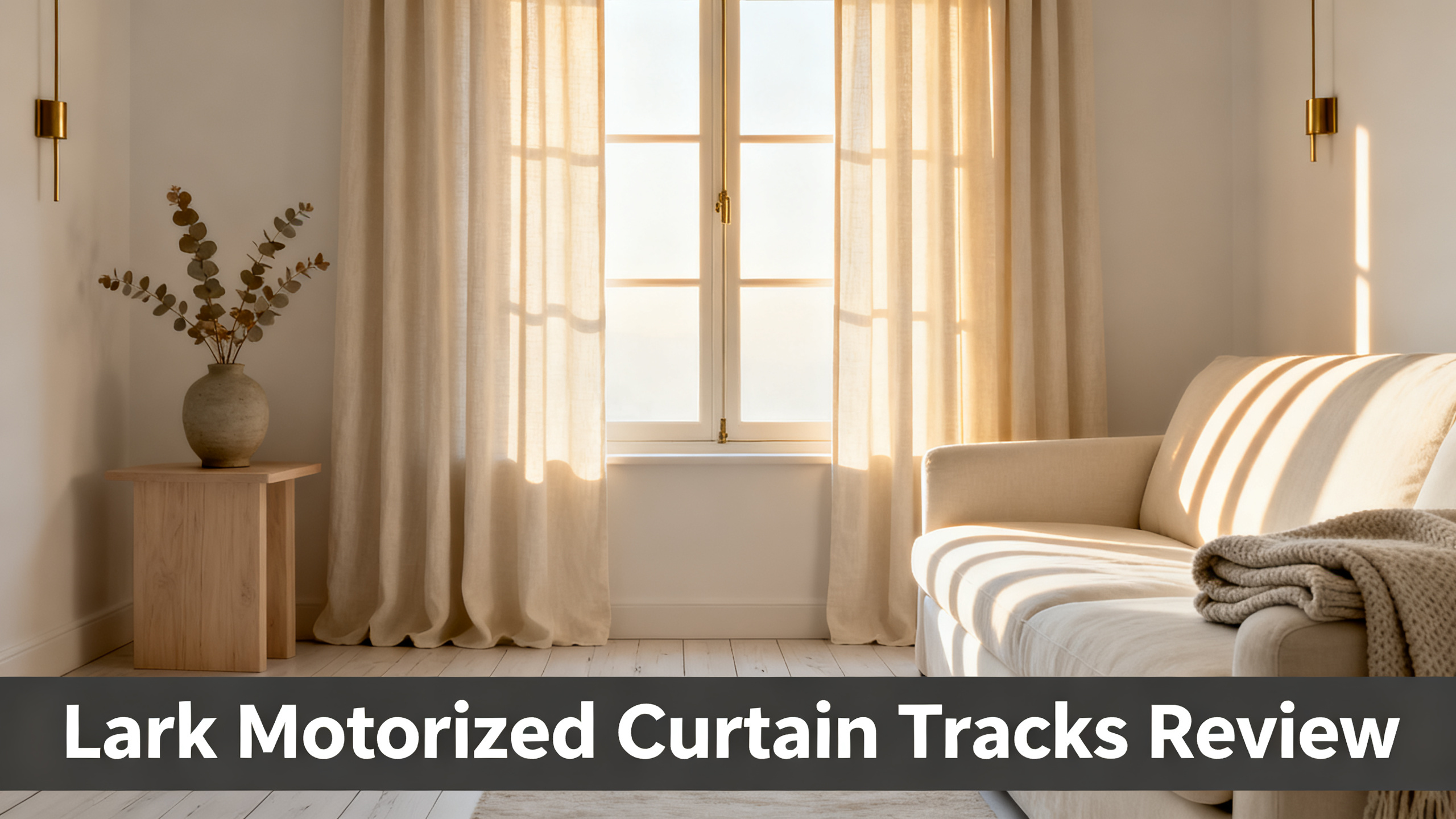 Scandinavian-modern interior at golden hour with window treatment, neutral palette, editorial home photography for Lark Motorized Curtain Tracks Review