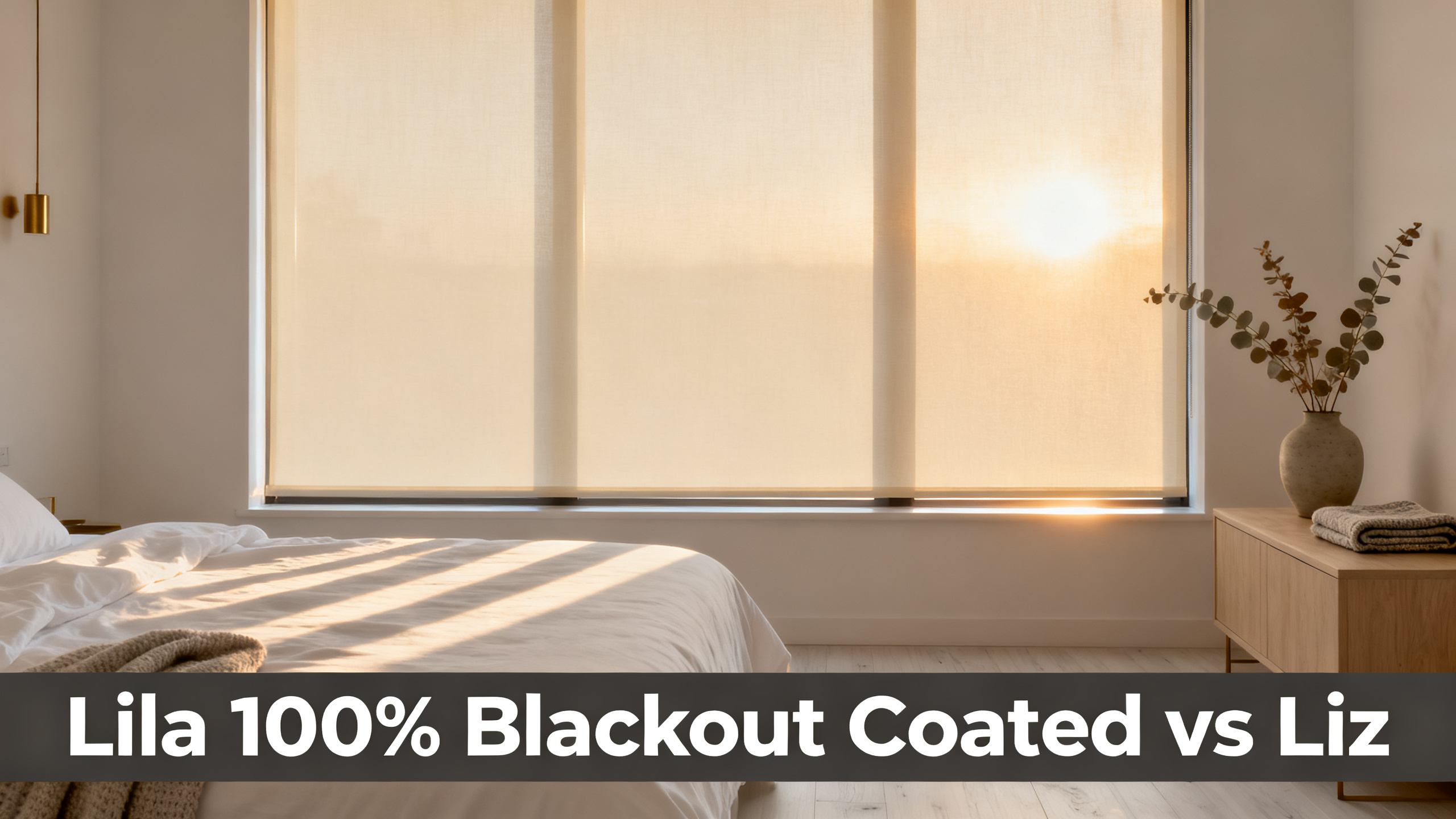 Scandinavian-modern interior at golden hour with window treatment, neutral palette, editorial home photography for Lila 100% Blackout Coated vs Liz